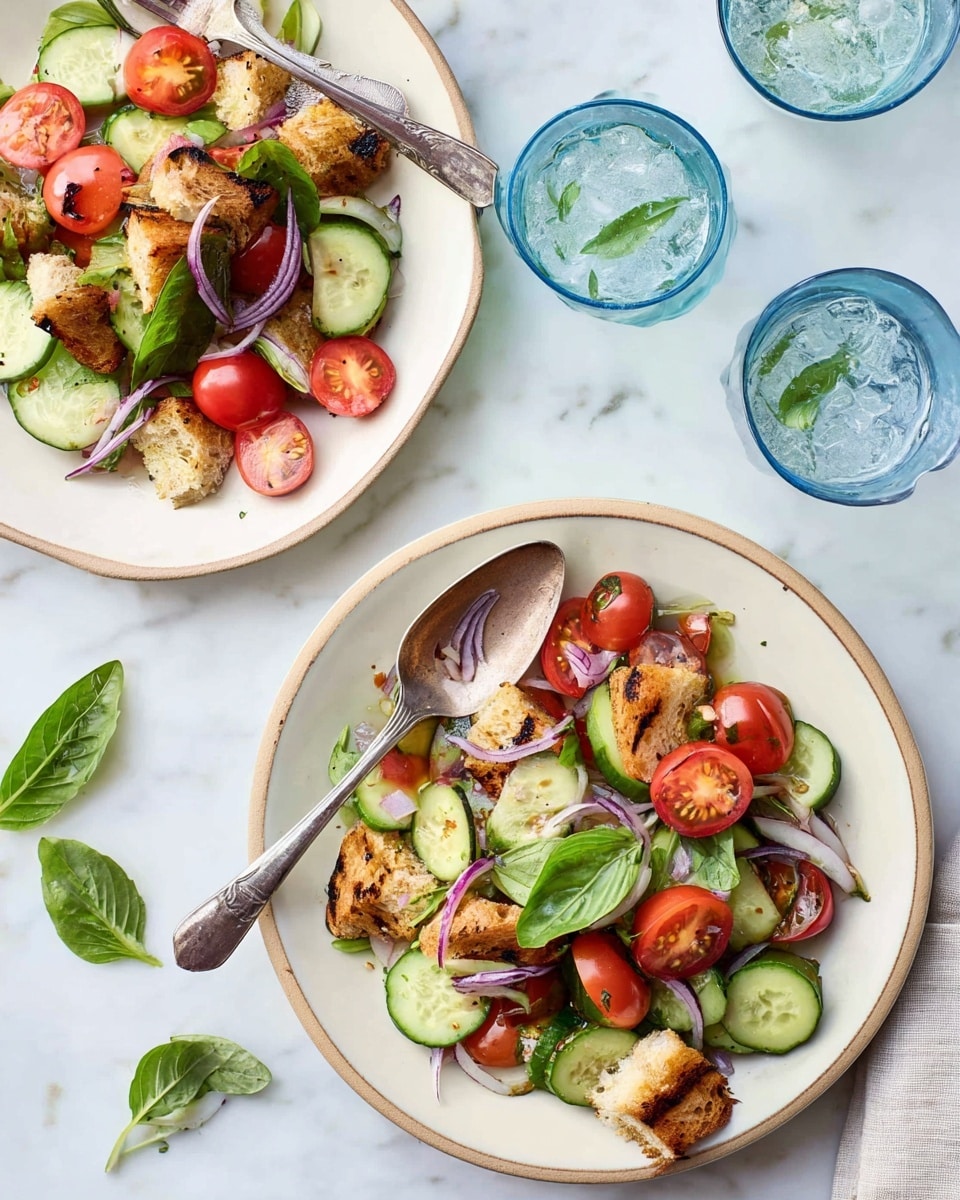 The image shows two white plates with a beige rim, each filled with a fresh salad layered with different elements. The bottom layer consists of round cucumber slices that are light green with a crisp texture. On top, there are bright red cherry tomato halves interspersed with pieces of grilled bread that have a lightly charred, golden-brown surface. Thin purple onion slices add a slight pop of color, scattered evenly over the salad. Fresh basil leaves with a smooth green surface are placed on top, giving a fresh and vibrant look. A vintage-style silver spoon and fork rest on the plates, one of them angled slightly into the salad. Around the plates, there are two clear blue glasses filled with ice water on a white marbled texture surface, with scattered loose basil leaves nearby. photo taken with an iphone --ar 4:5 --v 7