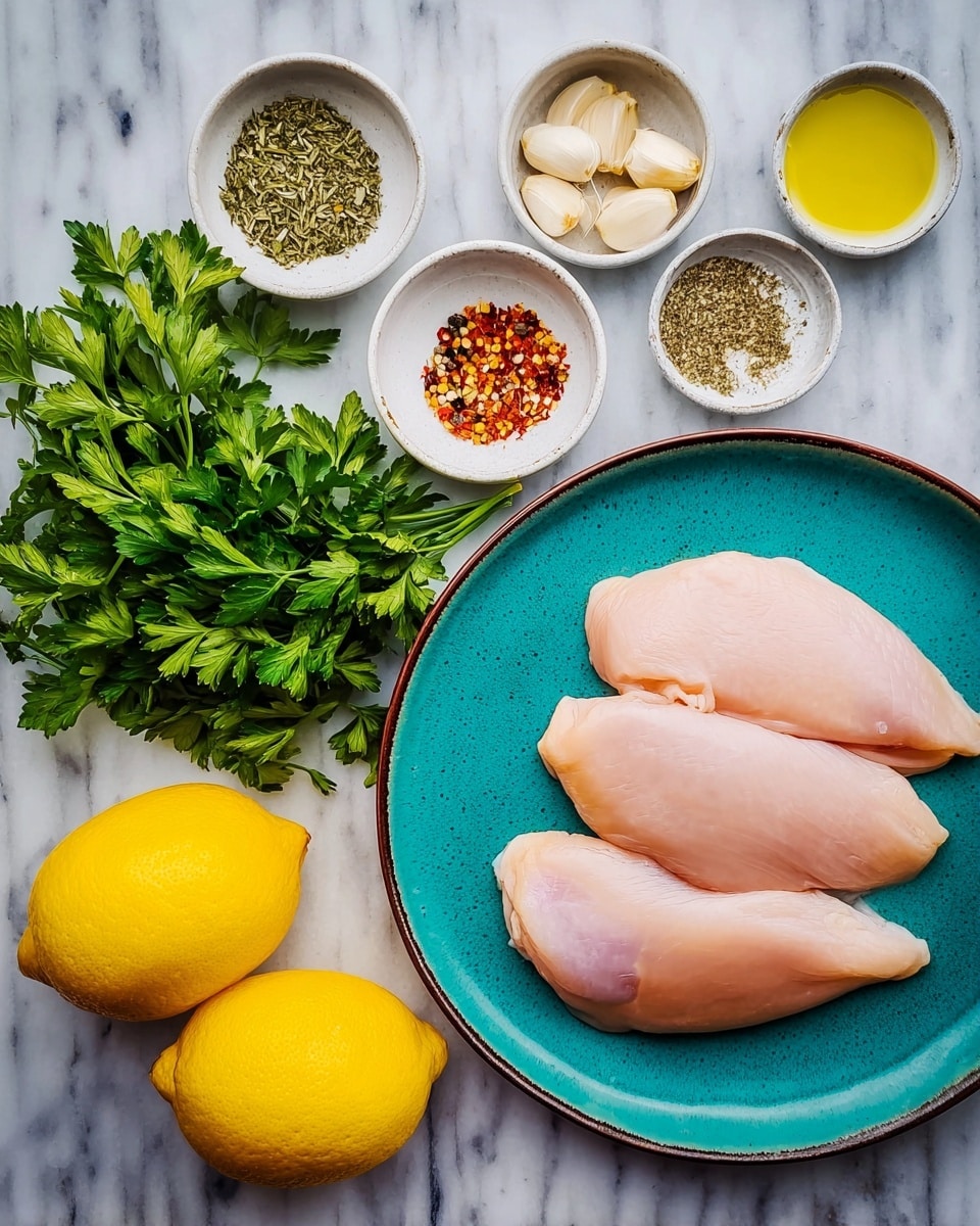 The image shows three raw chicken pieces placed on a white plate with a turquoise inner surface and dark brown edges, arranged in a slightly overlapping manner on the right side of the frame. To the left, there are two bright yellow whole lemons with a smooth texture, sitting next to a bunch of fresh green parsley with curled leaves. Above the lemons and parsley, there are five small white bowls arranged in two rows containing various ingredients: peeled garlic cloves, red chili flakes, golden olive oil, dried herbs, and a mix of salt and black pepper. The background is a white marbled surface. Photo taken with an iphone --ar 4:5 --v 7