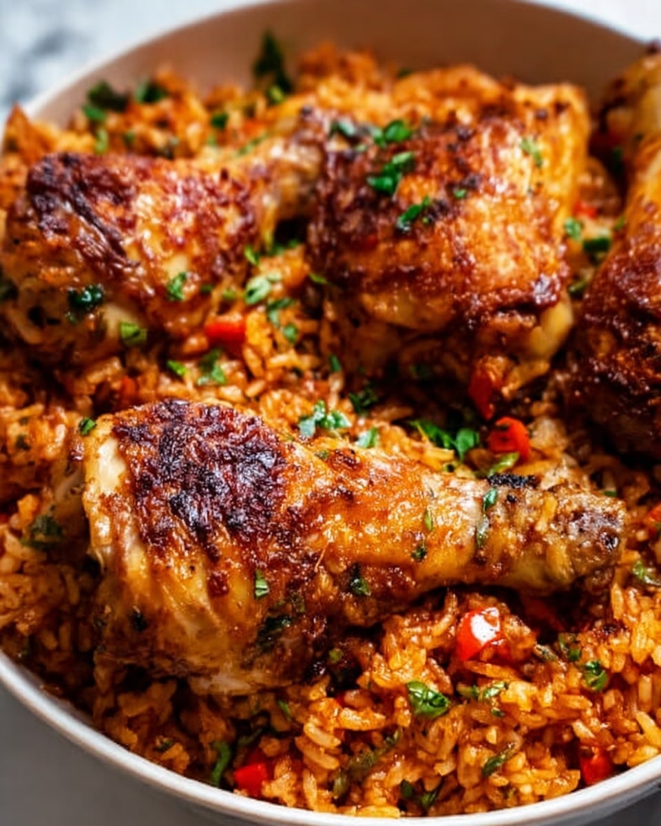 This dish shows a close-up of three golden-brown baked chicken pieces placed on a bed of reddish-orange cooked rice mixed with small bits of red peppers and green herbs. The chicken skin is crispy and shiny with some dark-brown spots. The rice looks soft and has a mix of textures with vegetables spread evenly. The food is arranged in a white bowl set on a white marbled surface. photo taken with an iphone --ar 4:5 --v 7