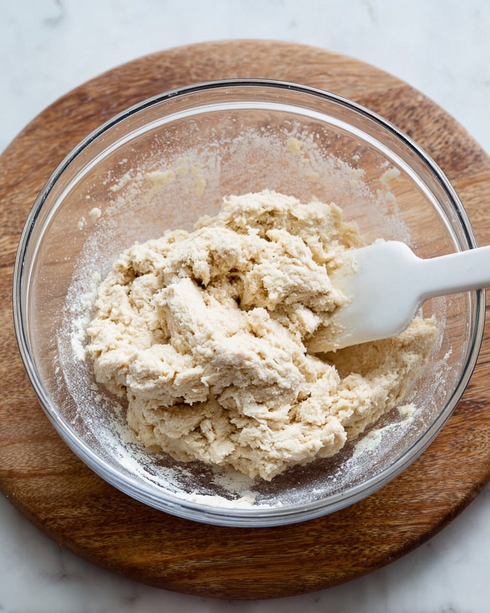 A clear glass bowl filled with a light beige dough that has a rough and sticky texture, showing small clumps and flour bits on its surface. Inside the bowl, a white spatula is partially buried in the dough, with dough clinging to it. The bowl sits on a round wooden board, set on a white marbled surface, which creates a clean and bright background. photo taken with an iphone --ar 4:5 --v 7