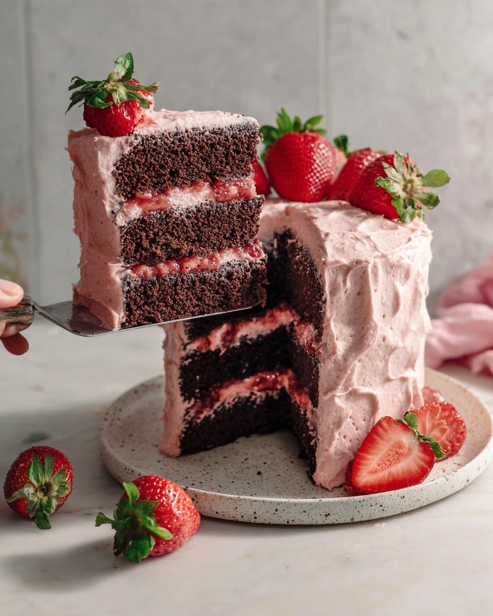 A three-layer chocolate cake is covered in thick, light pink frosting. Between each dark chocolate layer, there is a red strawberry jam filling dotted with small strawberry pieces. The frosting around the sides and top is smooth but swirled with visible texture. Fresh whole strawberries with green tops are placed on top and around the cake, with one strawberry sliced in half on the white marbled surface beside the cake. A slice is being lifted by a woman's hand using a metal spatula, showing the rich cake layers and fruit filling clearly. The cake sits on a speckled white plate on a white marbled surface. Photo taken with an iphone --ar 4:5 --v 7