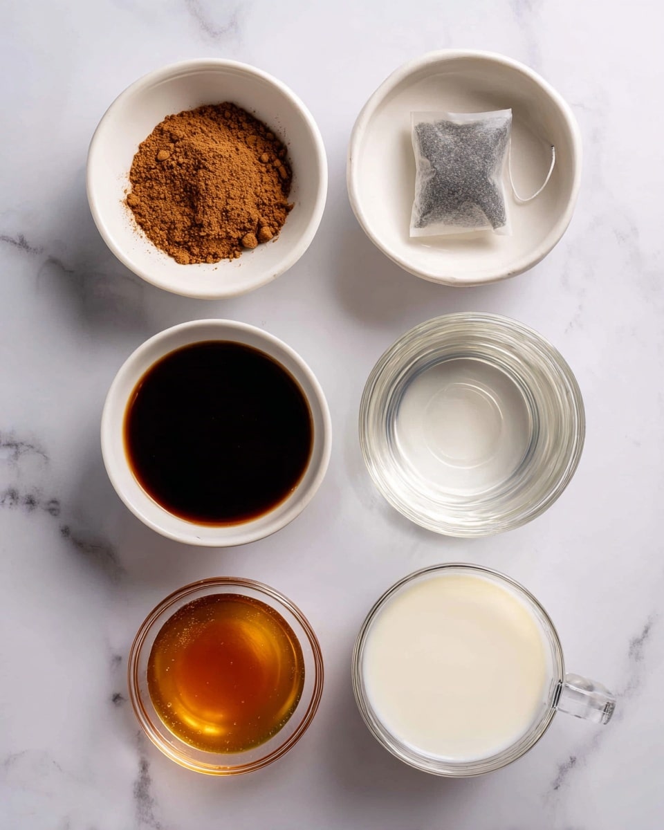 The image shows six small white bowls and clear glass cups arranged on a white marbled surface. The top row has three containers: on the left, a white bowl filled with brown gingerbread spice powder; in the middle, a white bowl holding a tea bag with black tea; and on the right, a clear glass cup filled with hot water. The bottom row includes three more containers: on the left, a white bowl with dark brown molasses liquid; in the center, a small clear glass cup filled with amber-colored vanilla extract; and on the right, a clear glass cup full of white milk. Each container is labeled with bold black text above or below it. photo taken with an iphone --ar 4:5 --v 7