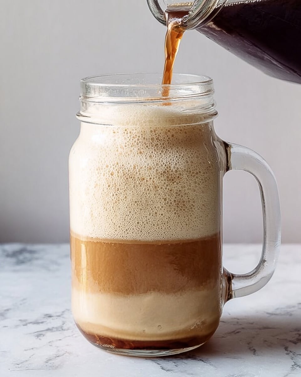 A clear glass jar with a handle is filled almost to the top with a creamy, light brown liquid forming the bottom layer. Above this is a thick, frothy foam layer in light beige, filling the upper part of the jar. Dark liquid is being poured from a glass container into the jar, creating a slight mixing effect at the foam's edge. The jar sits on a white marbled surface with a plain light background. Photo taken with an iphone --ar 4:5 --v 7