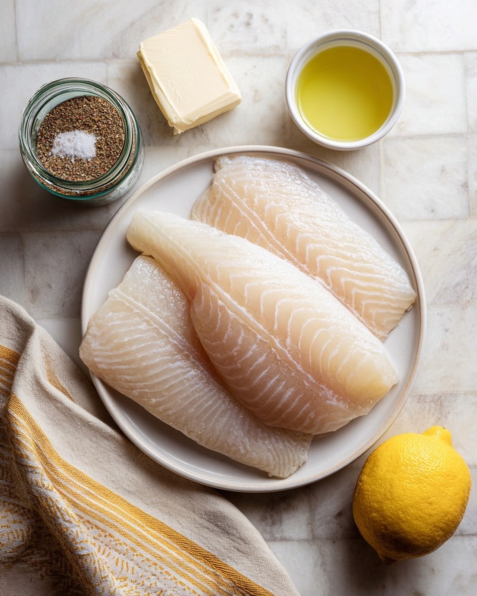 Three raw white fish fillets with smooth, slightly shiny texture lie on a white plate, overlapping slightly with the largest piece in the middle. Next to the plate, there is a yellow lemon on the right and a small white cup filled with light yellow oil above the plate. On the top left, a small glass jar with brown seasoning and a partially unwrapped stick of butter are placed. The setup rests on a light-colored white marbled surface with subtle tile lines, and a beige and yellow striped cloth is folded near the bottom right corner. Photo taken with an iphone --ar 4:5 --v 7