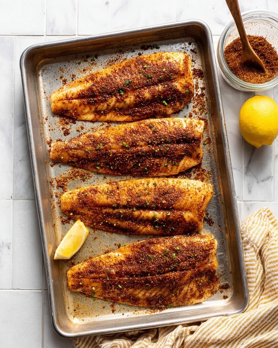 Four large fish fillets lie flat in a metal baking tray, each coated in a reddish-brown spice mix with tiny green herb bits visible. The fillets have a flaky texture with slight browning in spots from the spices. The tray sits on a white marbled surface with visible grout lines between tiles. At the top right, there is a clear glass jar filled with more spice mix and a small wooden spoon resting inside. Next to the jar is a whole yellow lemon. A beige and yellow striped cloth towel is placed near the bottom right corner of the tray. Photo taken with an iphone --ar 4:5 --v 7