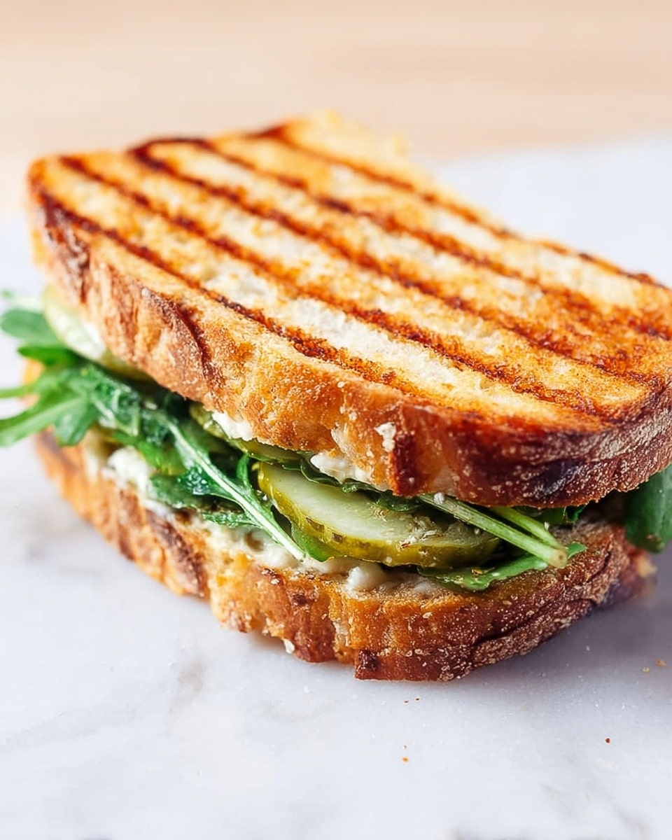 A toasted sandwich with two golden-brown grilled bread slices showing clear grill marks on top. Inside, there are layers of light green leafy arugula, bright green pickle slices, and white cheese visible slightly peeking out. The sandwich is placed on a white marbled surface. photo taken with an iphone --ar 4:5 --v 7