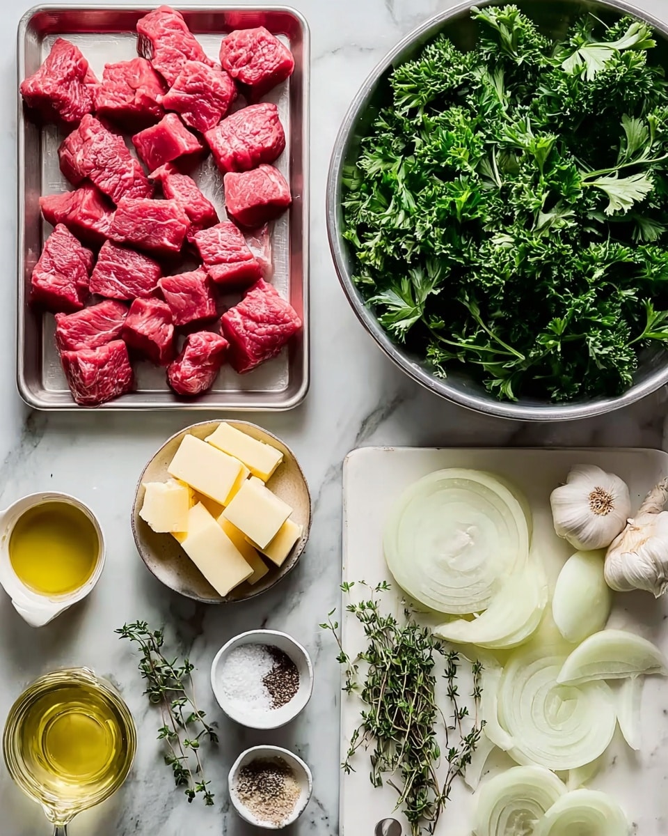 The image shows several ingredients neatly arranged on a white marbled surface. On the top left, a metal tray holds bright red, cubed raw beef with a fresh texture. To the right, a large metal bowl is full of fresh, leafy green parsley. Below, a white chopping board displays peeled and sliced white onions scattered across it. On the board, next to the onions, is a small dish with peeled garlic cloves. A small bowl on the bottom center holds yellow butter cubes stacked on each other. Around these are sprigs of green fresh thyme, whole white garlic bulb, small bowls of coarse salt and black pepper, a small glass of clear liquid, and a glass container filled with golden olive oil. The setting is clean and bright. Photo taken with an iphone --ar 4:5 --v 7