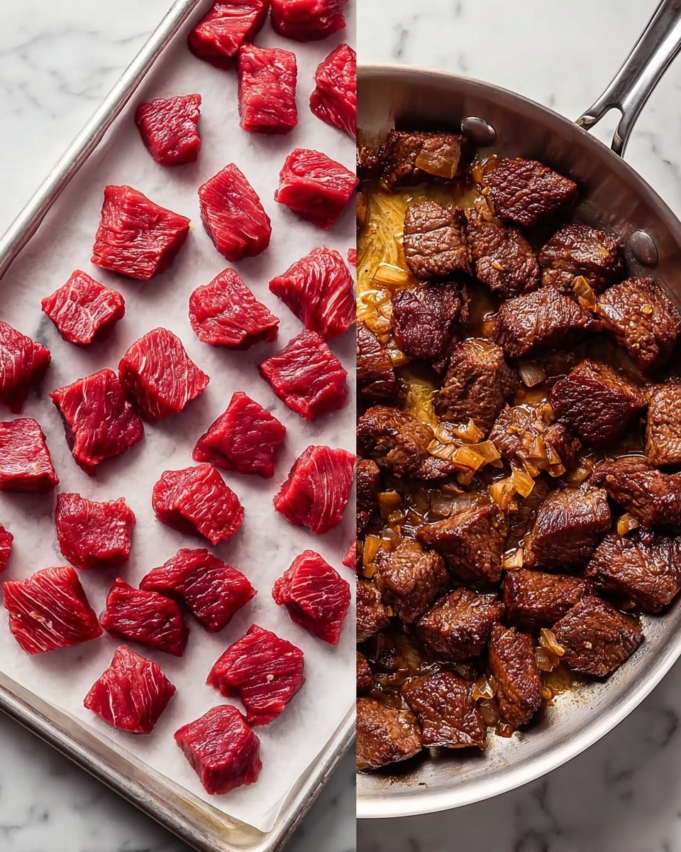 The image shows two side-by-side views of beef cubes. On the left is a white baking tray lined with parchment paper, covered with many raw beef cubes, bright red in color, laying evenly spaced. On the right is a shiny metal frying pan filled with cooked beef cubes, browned and caramelized, with a rich dark brown texture and small bits of cooked onion mixed in, all resting on a white marbled surface. photo taken with an iphone --ar 4:5 --v 7