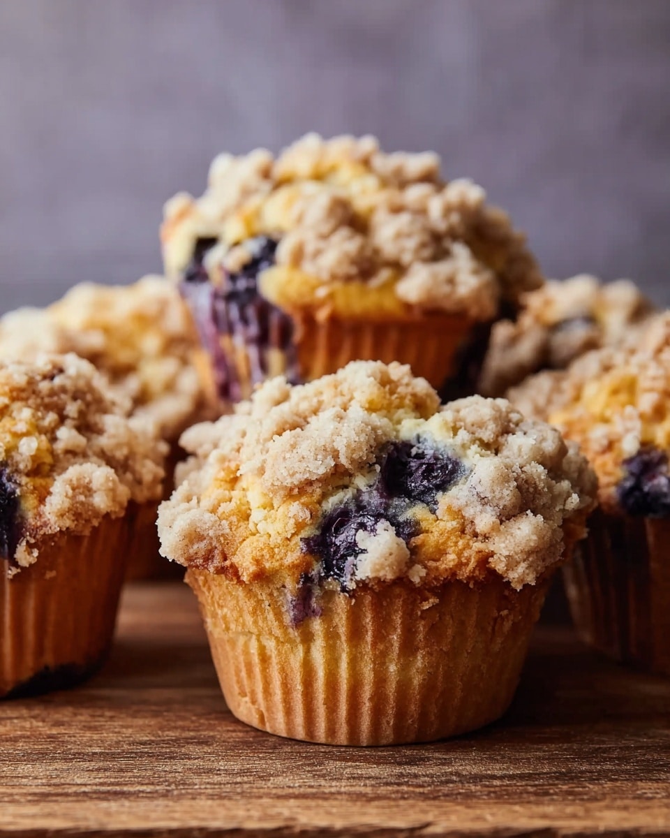 The image shows several blueberry muffins arranged closely together, each muffin having two main layers: a golden-brown baked base with visible dark purple blueberry spots, and a crumbly, pale beige streusel topping that looks crunchy and uneven on top. The muffins are in plain brown paper liners, sitting on a wooden surface with visible wood grain texture. The background is blurred in soft tones of gray and lavender, drawing attention to the muffins in the front. photo taken with an iphone --ar 4:5 --v 7