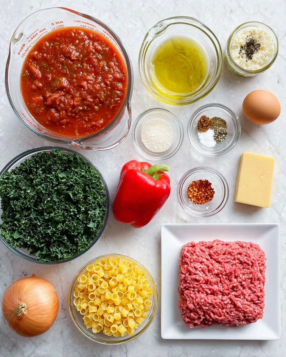 The image shows various ingredients neatly placed on a white marbled surface. In the center is a clear glass bowl filled with chunky red tomato sauce. Below it to the left is a large measuring cup with light brown broth. To the left of that is a glass bowl of dark green chopped kale, and below it is a small clear bowl of uncooked yellow small pasta rings. To the right of the tomato sauce is a red bell pepper and a whole round yellow onion. Above them are small clear bowls holding spices, whole garlic cloves, and red pepper flakes. A wedge of pale yellow cheese sits next to the onion and a large white square plate holds a pink mound of raw ground meat. In the top right corner, an egg next to a small clear bottle of olive oil and a whole onion complete the layout. All items are spread out evenly on the white marbled surface. Photo taken with an iphone --ar 4:5 --v 7