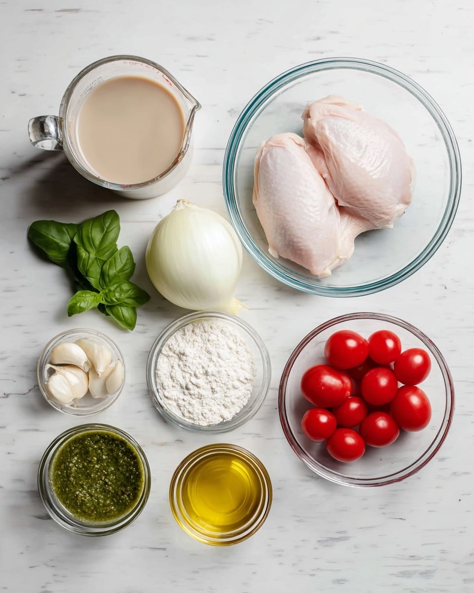 Top view of cooking ingredients on a white marbled surface arranged neatly. On the right, a clear glass bowl holds two pieces of raw chicken with pale pink color. To the right bottom, a small clear bowl filled with bright red cherry tomatoes. Next to it, a small bowl with white flour powder. To the left of the chicken, a whole white onion with smooth skin. Above the onion, a small clear bowl with bright green fresh basil leaves. Above it, a small clear bowl with three peeled white garlic cloves. Bottom left, a small bowl with dark green pesto sauce. Above that, a large glass measuring cup filled with light brown broth. Top left, a smaller glass measuring cup with white milk. Next to the broth, a small clear bowl with light golden olive oil. Photo taken with an iphone --ar 4:5 --v 7