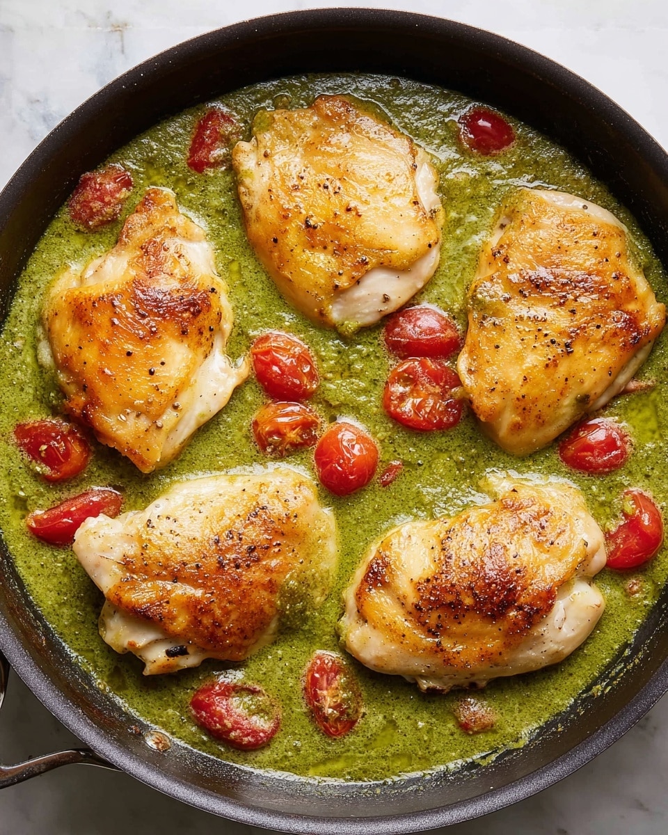 A black round pan holds four golden-brown cooked chicken pieces, each with a slightly crispy texture on top. They are placed over a thick green sauce that fills the pan, with small red cherry tomatoes scattered throughout, partially submerged in the sauce. The chicken pieces vary in size but are evenly spaced, and the sauce has a smooth, slightly thick texture with bubbles visible around the edges. The whole setup is on a white marbled surface. Photo taken with an iphone --ar 4:5 --v 7