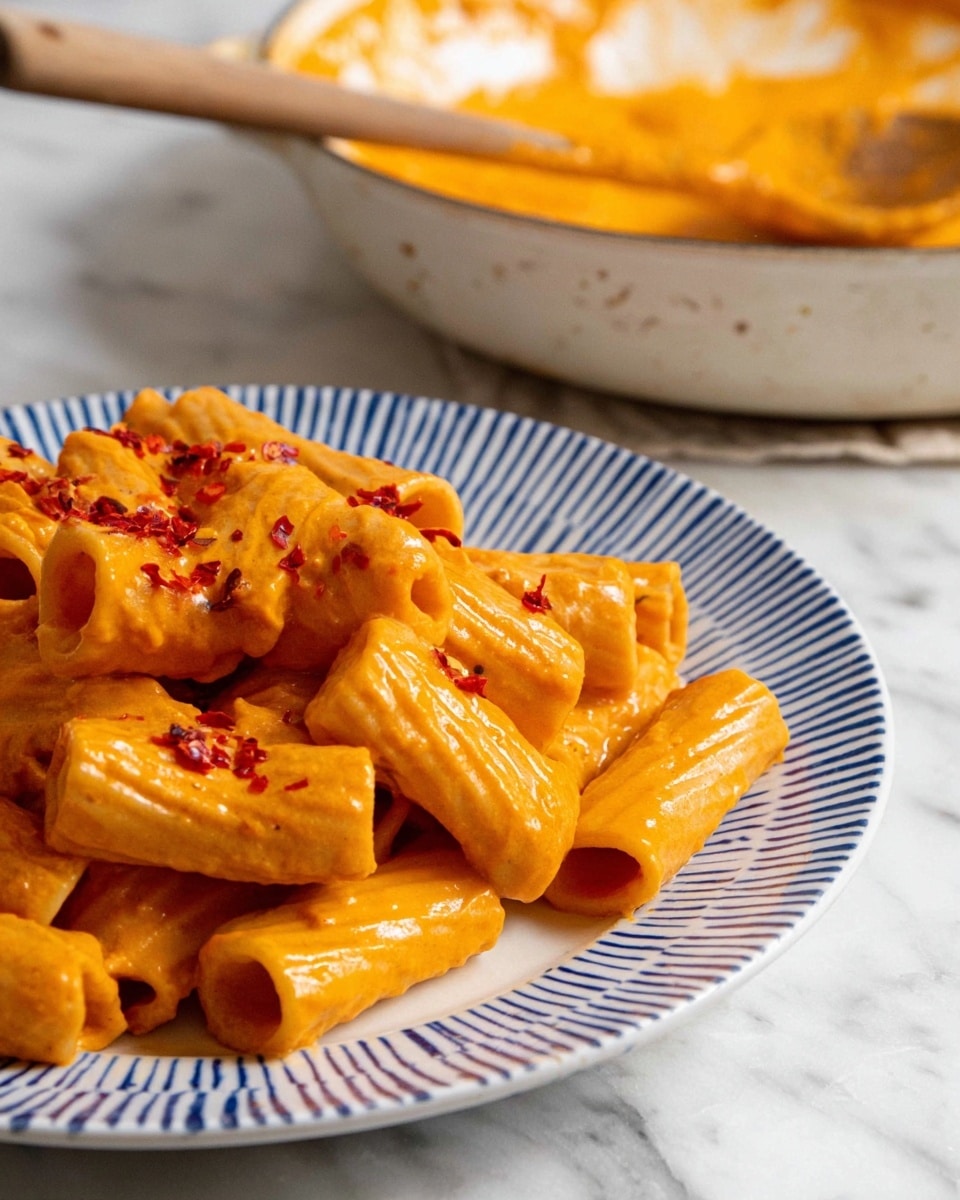 The image shows a close-up of rigatoni pasta coated with a thick, smooth orange sauce, placed on a white plate with blue stripes. The pasta pieces are large, tubular, and piled on the plate, with some red chili flakes scattered on top. In the background, there is a white pan with some sauce residue inside and a wooden spoon resting on the edge. The scene is set on a white marbled surface, giving a clean and bright look. photo taken with an iphone --ar 4:5 --v 7