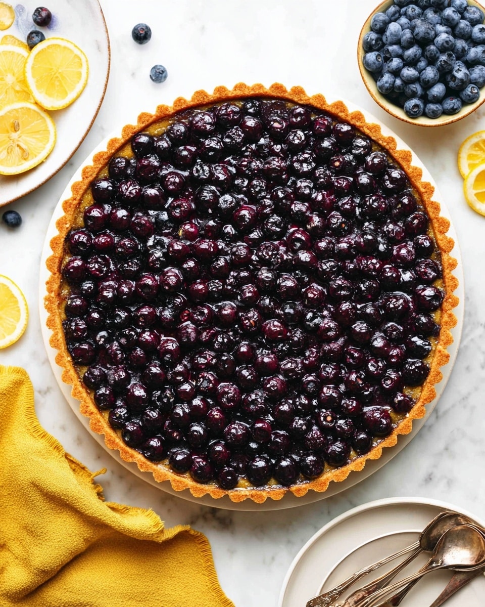 A round tart with a thick, golden brown crust shaped with scalloped edges holds a dense layer of dark purple blueberries, some shiny and others with a slight matte finish, tightly packed and glistening with juice. The tart sits on a white plate over a white marbled surface. Around the tart, there are a few loose blueberries, a small bowl of blueberries, a plate with lemon slices, silver spoons resting on a white plate, and a mustard yellow cloth, creating a bright and inviting scene. photo taken with an iphone --ar 4:5 --v 7