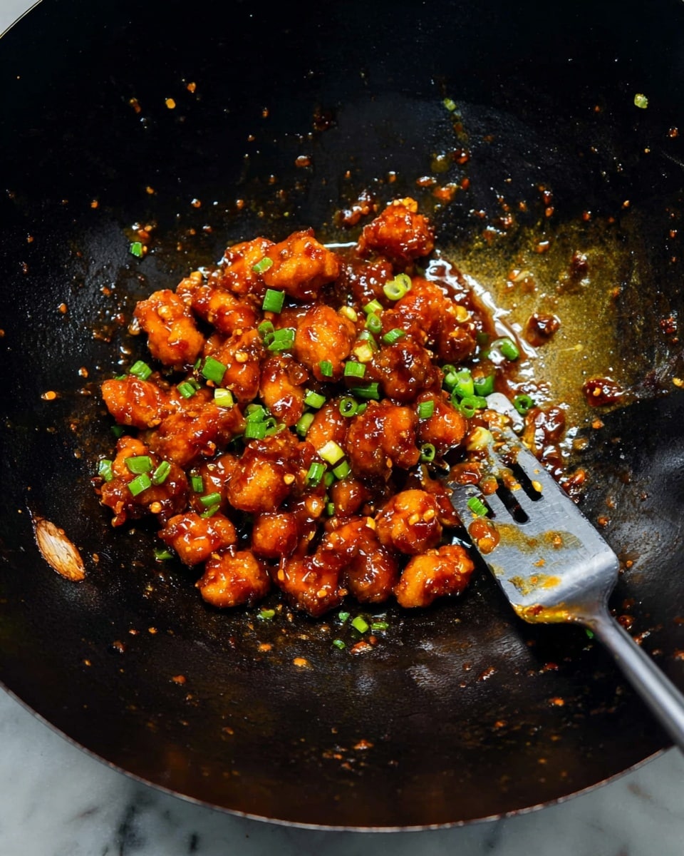 The image shows a black wok filled with small, shiny pieces of fried food coated in a rich brown sauce, gathered mostly in the center. These pieces are sprinkled with small, bright green chopped onions for contrast. A metal spatula with some sauce on it rests beside the food on the right side of the wok, with the surface around the food showing some scattered seasoning and oil. The light reflects softly on the glazed sauce and wok surface. The background is a white marbled texture. Photo taken with an iphone --ar 4:5 --v 7