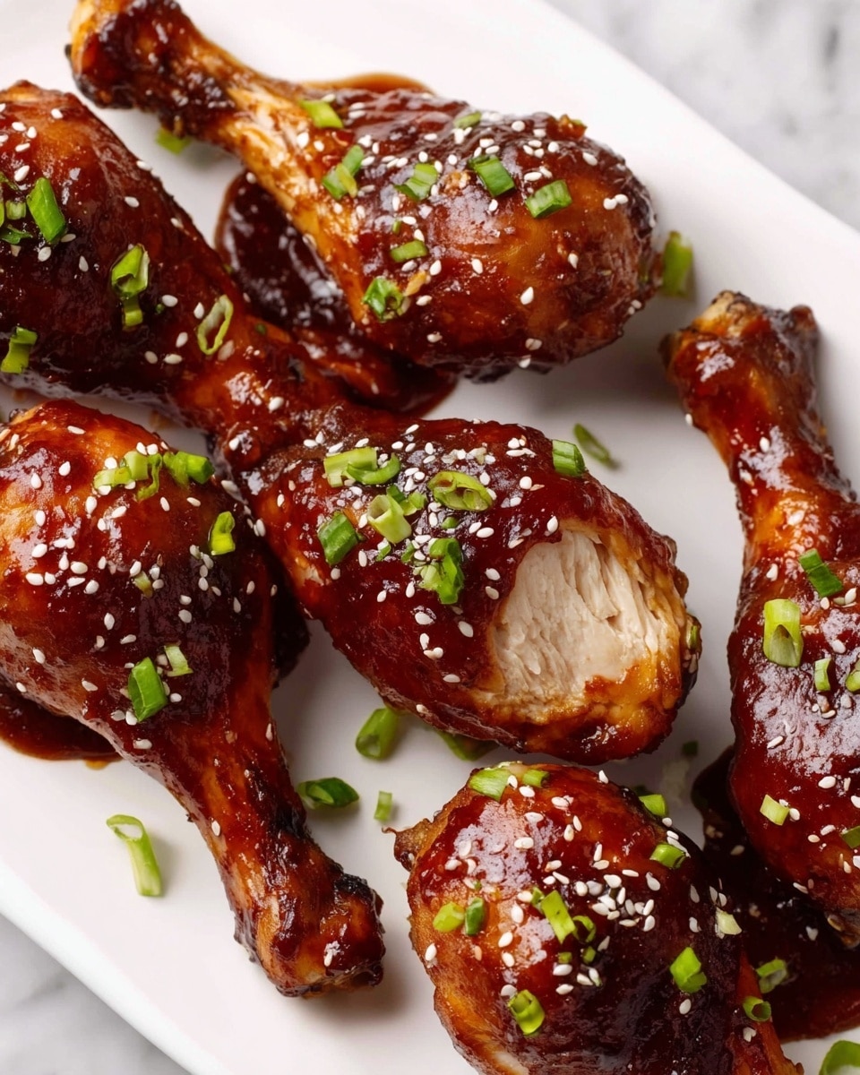 The image shows a close-up view of six cooked chicken drumsticks coated in a shiny, thick dark reddish-brown sauce. Each drumstick is sprinkled with small white sesame seeds and chopped green onion pieces on top, adding texture and color contrast. The chicken inside is light tan and moist with a clean bite mark visible on one piece, revealing juicy layers of meat. All drumsticks are arranged on a white plate set on a white marbled surface. The sauce appears sticky and smooth, covering the chicken evenly with some slight pooling on the plate photo taken with an iphone --ar 4:5 --v 7