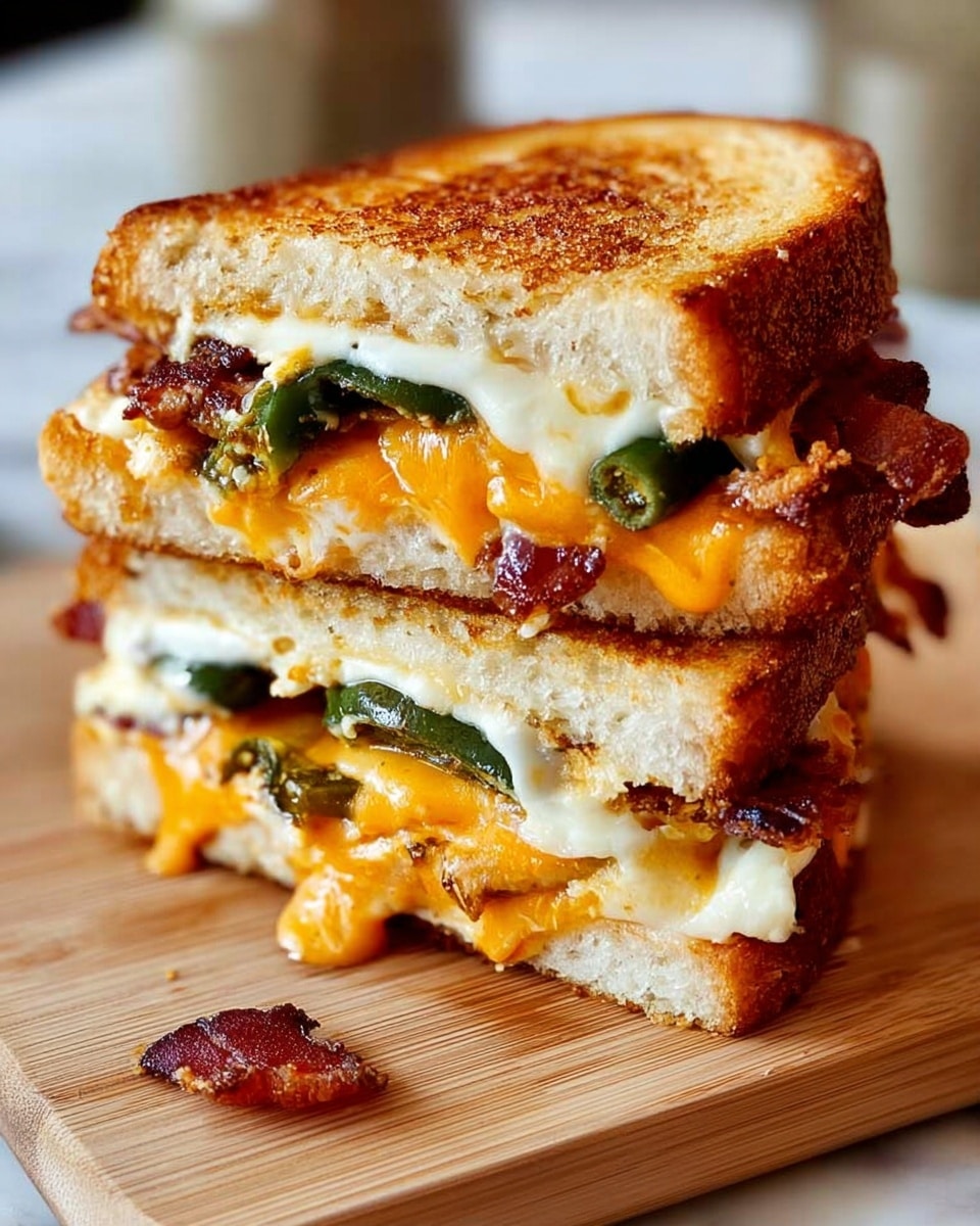 The image shows a grilled sandwich cut in half and stacked, placed on a light wooden board. The sandwich has three main layers of white toasted bread, golden brown with crisp edges. Between the bread, there are layers of melted orange cheddar cheese, creamy white cheese melted and stretching, dark green roasted peppers, and thick slices of browned meat with a crispy texture. Some melted cheese and pieces of pepper fall out near the sandwich. The scene is set on a white marbled surface. photo taken with an iphone --ar 4:5 --v 7