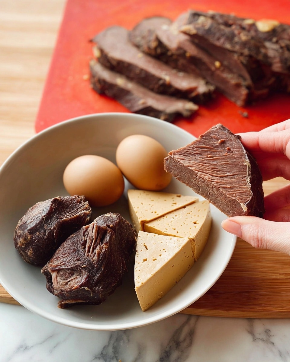 A white bowl contains five pieces of dark brown cooked meat with a fibrous texture, three smooth, light brown eggs, and two triangular slices of firm, light tan tofu arranged together on a white marbled surface. Next to it, a woman's hand holds a thin slice of the same cooked meat, showing detailed muscle fibers and layered texture, with more slices lying blurred underneath on a red cutting board in the background. Photo taken with an iphone --ar 4:5 --v 7