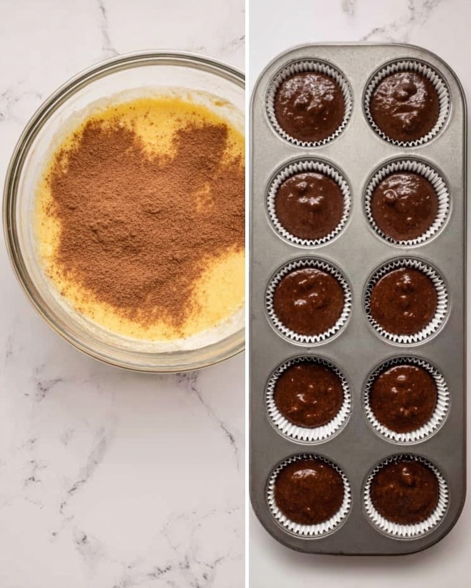 The image shows two side-by-side photos on a white marbled surface. On the left, there is a clear glass bowl containing a mixture of light yellow batter with a layer of brown cinnamon powder sprinkled on top, spreading unevenly. On the right, there is a silver muffin tray holding twelve white paper liners filled with chocolate batter; the batter is smooth and dark brown with some small lumps visible. photo taken with an iphone --ar 4:5 --v 7