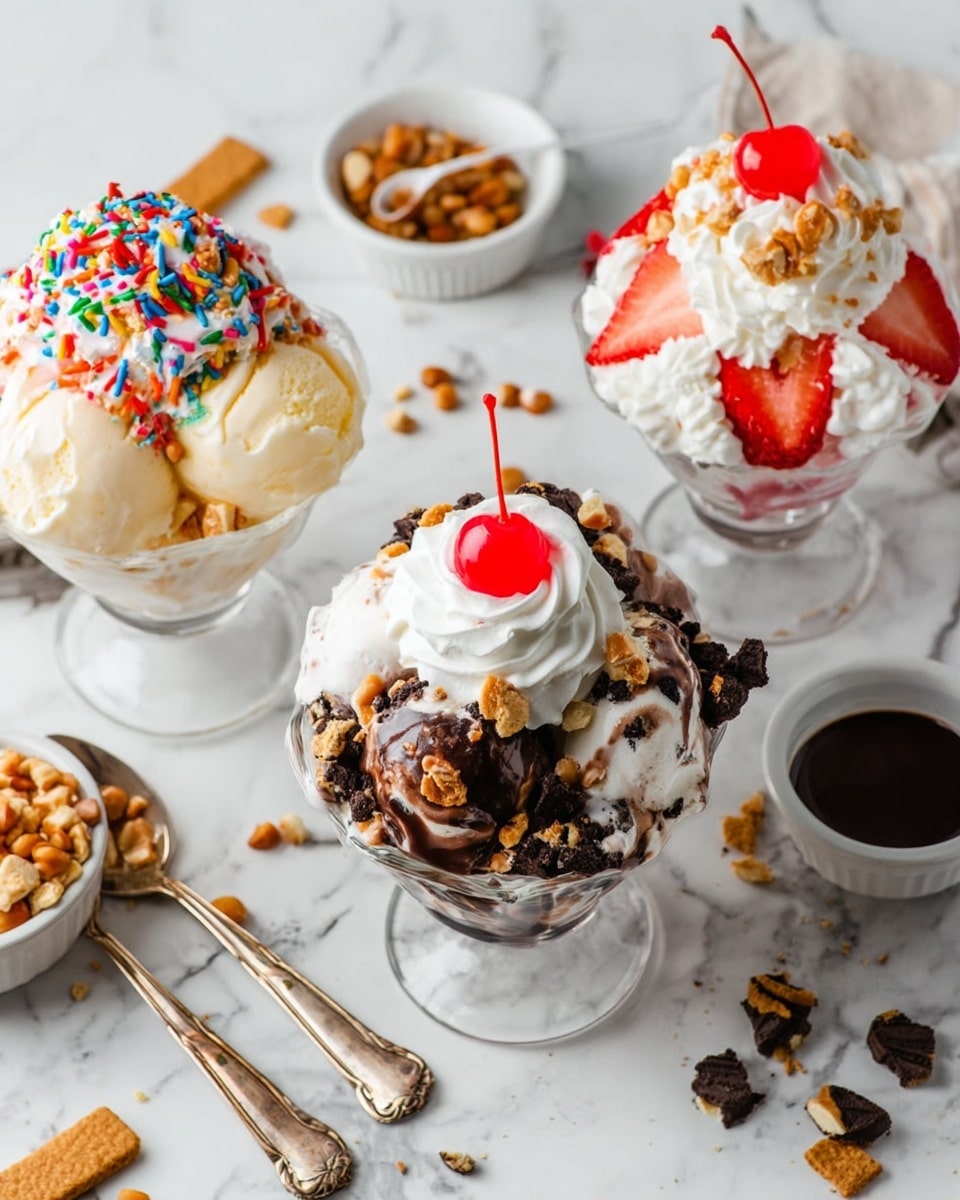 The image shows three ice cream sundaes on a white marbled surface. The first sundae has two scoops of light vanilla ice cream at the bottom, topped with white whipped cream, colorful sprinkles, crushed peanuts, and a bright red cherry in the center. The second sundae has strawberry slices at the base, white whipped cream with crushed peanuts on top, and a bright red cherry on the very top. The third sundae features multiple scoops of chocolate ice cream covered with chunks of chocolate cookies and a swirl of white whipped cream at the center. Small bowls with chocolate sauce and cookie pieces are scattered around, and two silver spoons with gold handles lie nearby. Photo taken with an iphone --ar 4:5 --v 7