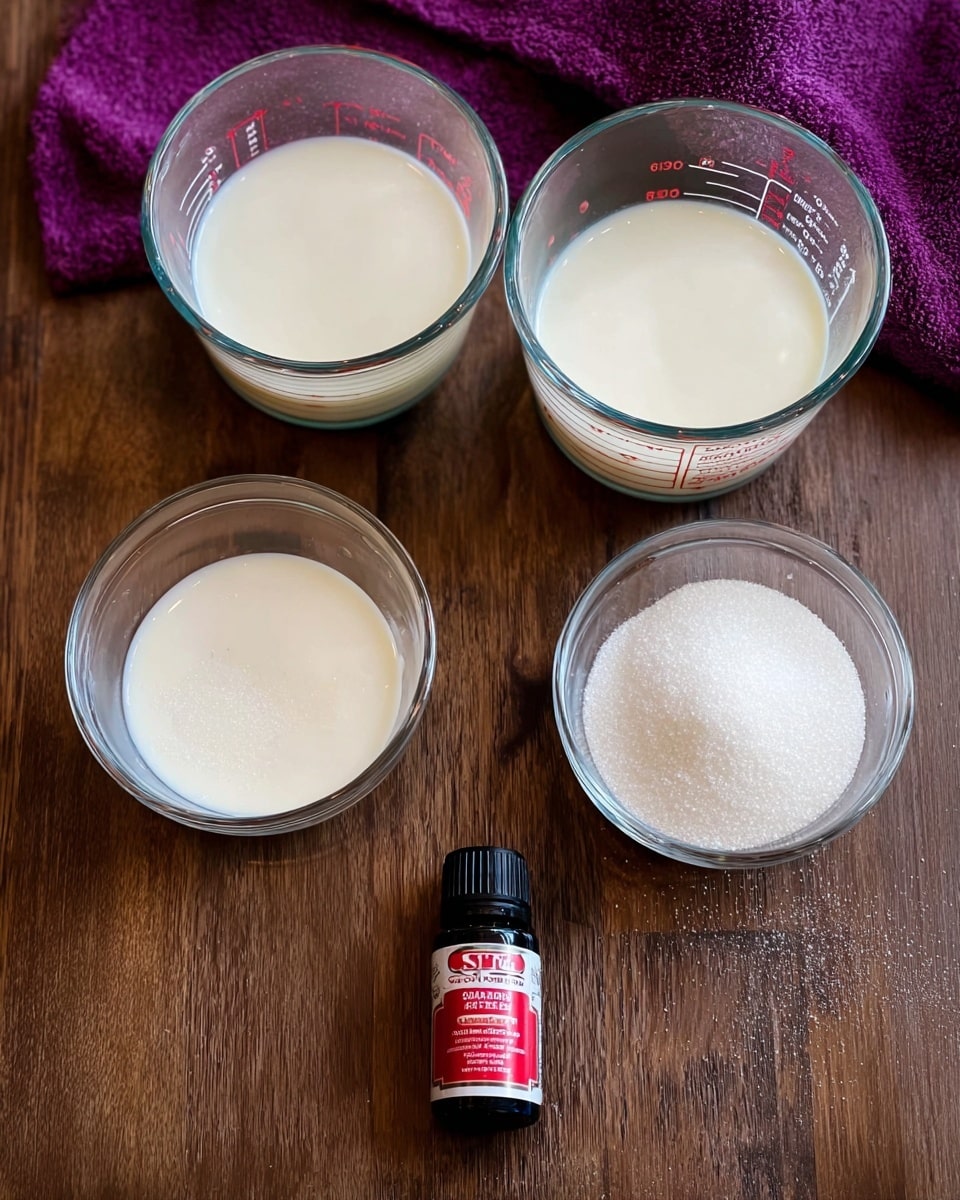 The image shows two clear glass measuring cups filled with a creamy white liquid, positioned side by side on the top half over a brown wooden surface. Below these, there are two round glass bowls containing white granulated sugar, placed side by side. At the bottom center, a small black bottle with a red cap and a white and red label stands upright, likely containing an extract. The setting is simple with a purple cloth partially visible at the top. Photo taken with an iphone --ar 4:5 --v 7