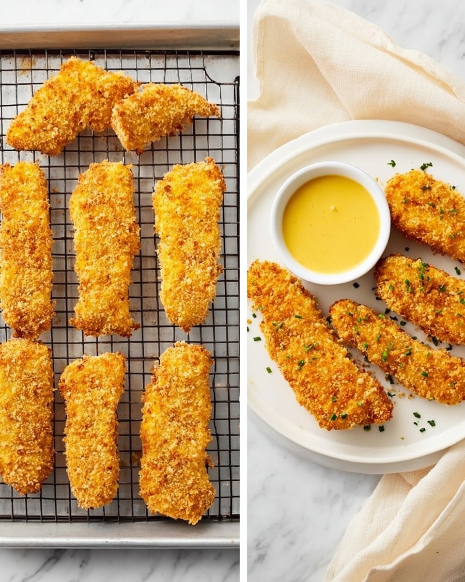 The left side shows eight golden brown breaded strips placed neatly on two wire racks over baking sheets, their crunchy texture clear; the right side shows six of these strips arranged on a white round plate, sprinkled lightly with chopped herbs, next to a small white bowl filled with smooth, yellow dipping sauce, all set on a white marbled surface with a soft, light-colored cloth in the background. photo taken with an iphone --ar 4:5 --v 7