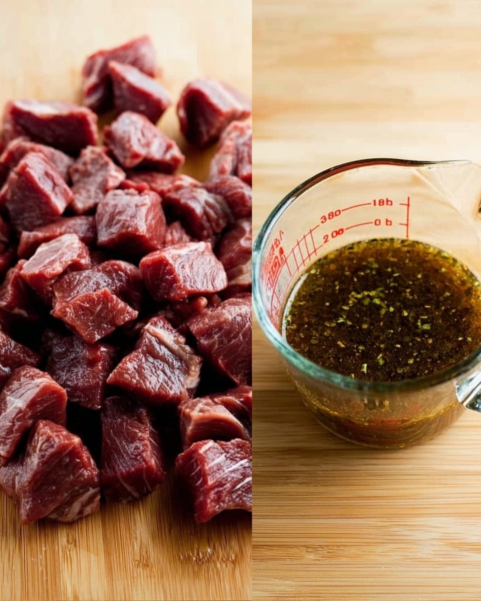 The first image shows many small pieces of raw beef, cut into cubes, on a light wooden board with a smooth texture. The beef is dark red with some parts showing a bit of light pink fat. The second image shows a clear glass measuring cup filled with a dark greenish-brown liquid with small bits of herbs floating inside. The cup is on a light wooden surface with a smooth finish. photo taken with an iphone --ar 4:5 --v 7