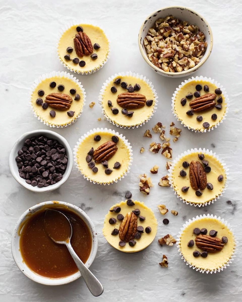 The image shows several small round cheesecake cups topped with small dark chocolate chips scattered on the pale yellow surface and a single pecan half placed in the center of each cup. They are placed on a white marbled surface in white paper liners. Around the cheesecakes, there are three small white bowls: one filled with dark chocolate chips, one with chopped nuts, and one with a caramel sauce with a spoon inside. The overall look is neat and inviting with soft natural light. photo taken with an iphone --ar 4:5 --v 7