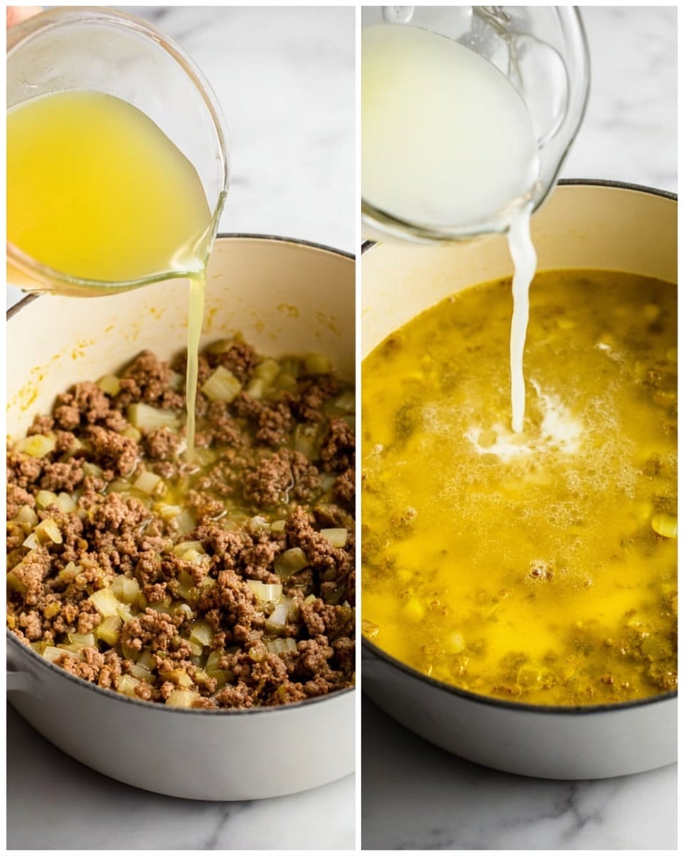 The image shows a white pot on a white marbled surface with browned ground meat and small pieces of onion at the bottom layer, with a clear yellowish broth being poured over it from a glass container in the left frame. In the right frame, the same pot is filled with more of the yellow broth and a white liquid is being poured in, creating a light foamy texture on the surface. The pot's inside is visible with the broth lightly bubbling. Photo taken with an iphone --ar 4:5 --v 7