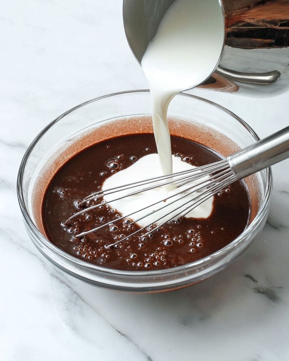A clear glass bowl sits on a white marbled surface, filled halfway with thick dark brown chocolate mixture showing small bubbles. A metal whisk with a smooth silver handle rests inside the bowl with its wires touching the chocolate. Above the bowl, white cream is being poured slowly from a shiny metal pitcher, creating a contrast between the dark chocolate base and the fresh cream on top. The scene captures the moment cream blends gently into the chocolate mixture. photo taken with an iphone --ar 4:5 --v 7