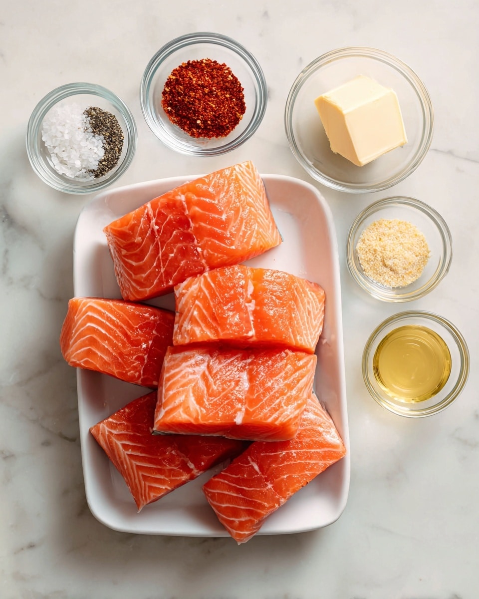 The image shows a white tray filled with several fresh salmon fillets with a bright orange-pink color and visible white lines of fat. Surrounding the tray are five small clear glass bowls with different ingredients: one contains red sweet paprika powder, another has a pale yellow garlic powder, a third has black and white salt and pepper mixed, the fourth holds a pale yellow square of unsalted butter, and the last bowl includes a light golden olive oil. All items are placed on a white marbled surface with soft, natural lighting. photo taken with an iphone --ar 4:5 --v 7