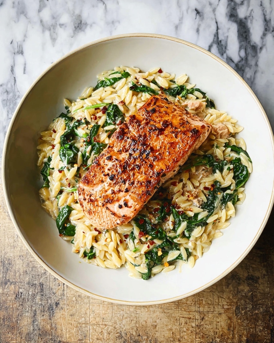 This image shows a white round plate filled with a layer of cooked orzo pasta mixed with green spinach leaves and small bits of seasoning, creating a creamy textured base. On top in the center lies a thick, golden-brown piece of cooked salmon, slightly crispy on the edges with visible black pepper and chili flakes sprinkled over both the salmon and pasta. The plate rests on a white marbled surface, adding a clean and bright contrast to the warm colors of the food. Photo taken with an iphone --ar 4:5 --v 7
