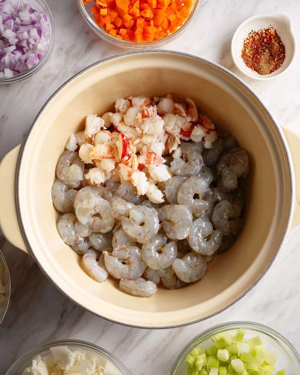 Inside a large white round pot, there are two layers of seafood: the bottom layer consists of gray raw shrimp with a shiny, slightly wet texture, and the top layer has small pieces of light pink lobster meat with some red parts. The pot has a soft beige interior with a slight shine, and around it, there are clear glass bowls holding diced bright orange carrots, chopped light purple shallots, pale green celery pieces, white crab meat, and a small white bowl with red seasoning. The background is a white marbled surface. photo taken with an iphone --ar 4:5 --v 7