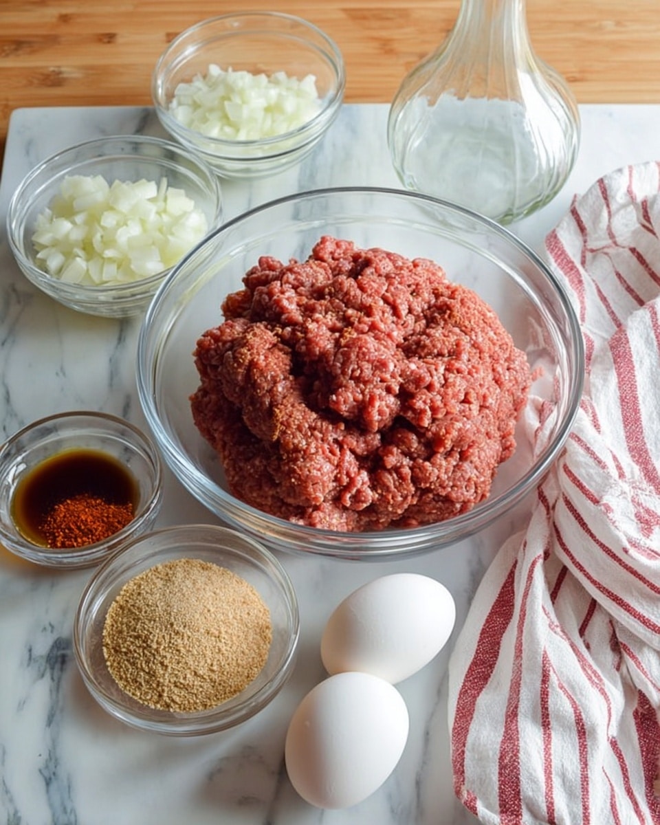 A large clear glass bowl filled with a mound of raw ground meat sits at the center on a white marbled surface. Around it are five smaller clear glass bowls: one with chopped white onions, one with a reddish-brown spice mix, one with light tan breadcrumbs, and one with a dark brown liquid sauce. Two white eggs rest near the bowls. On the right side, a white and red striped cloth is casually spread out. A large clear glass bottle with a curved neck is placed in the background. photo taken with an iphone --ar 4:5 --v 7