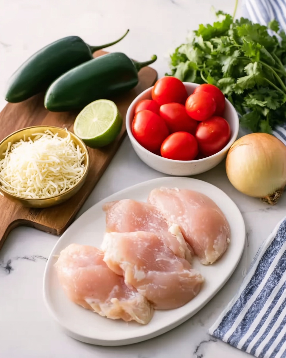 The image shows a white oval plate on a white marbled surface holding four raw pale pink chicken pieces, placed to the right. To the left, there is a wooden board with two dark green jalapeño peppers on it, a halved lime showing its light green inside, and a small gold bowl filled with shredded white cheese. Behind the board, a white bowl contains five bright red tomatoes. A small yellow onion sits near a bunch of fresh green cilantro leaves at the top right. The background is a white and blue striped cloth. photo taken with an iphone --ar 4:5 --v 7