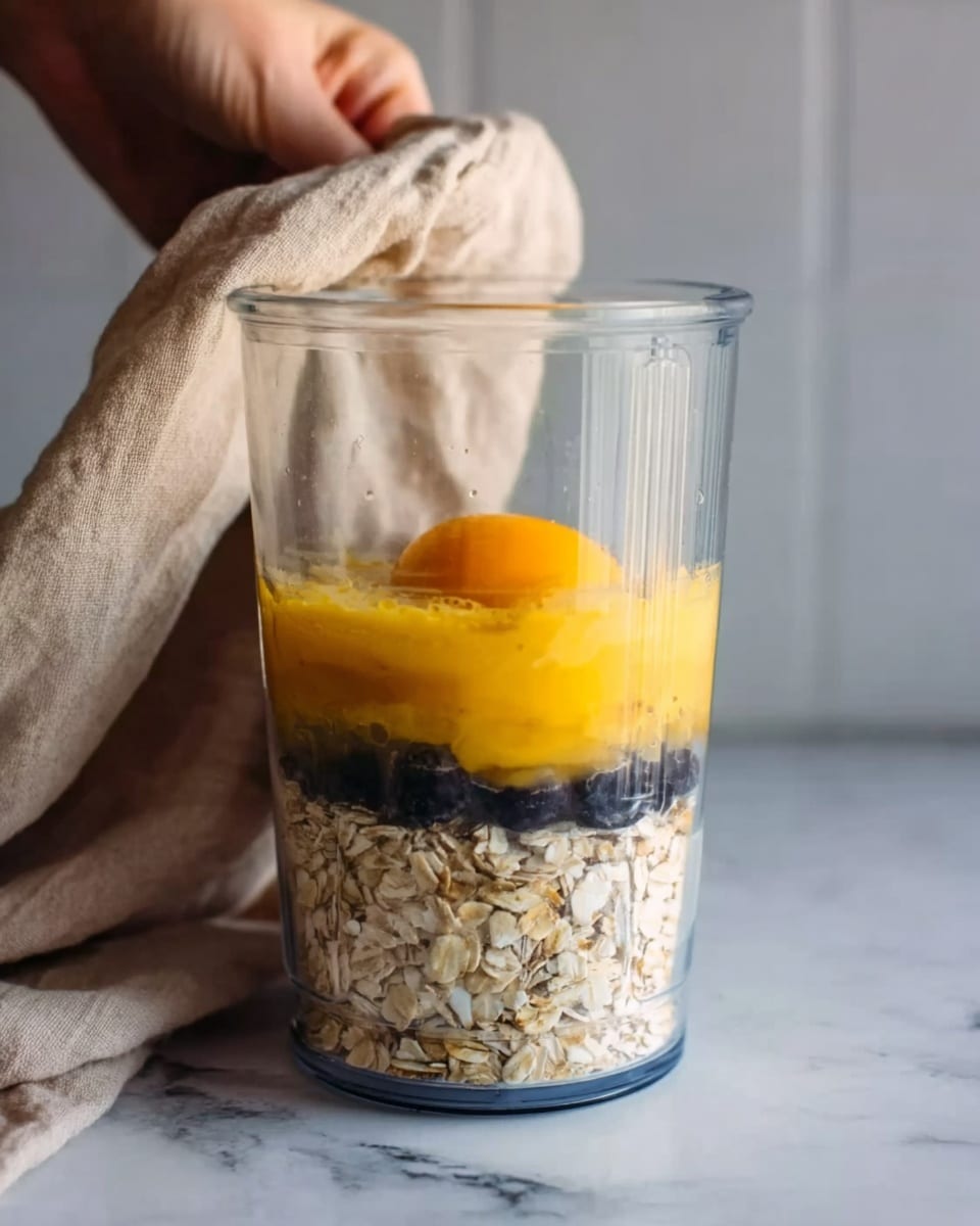 A clear blender cup filled with layers of ingredients starting with a base of rolled oats at the bottom, followed by a bright yellow raw egg yolk sitting on top, and a layer of dark blueberries next to the oats. A woman's hand is holding a beige cloth in the background, and the setting is a white marbled surface under soft lighting. Photo taken with an iphone --ar 4:5 --v 7