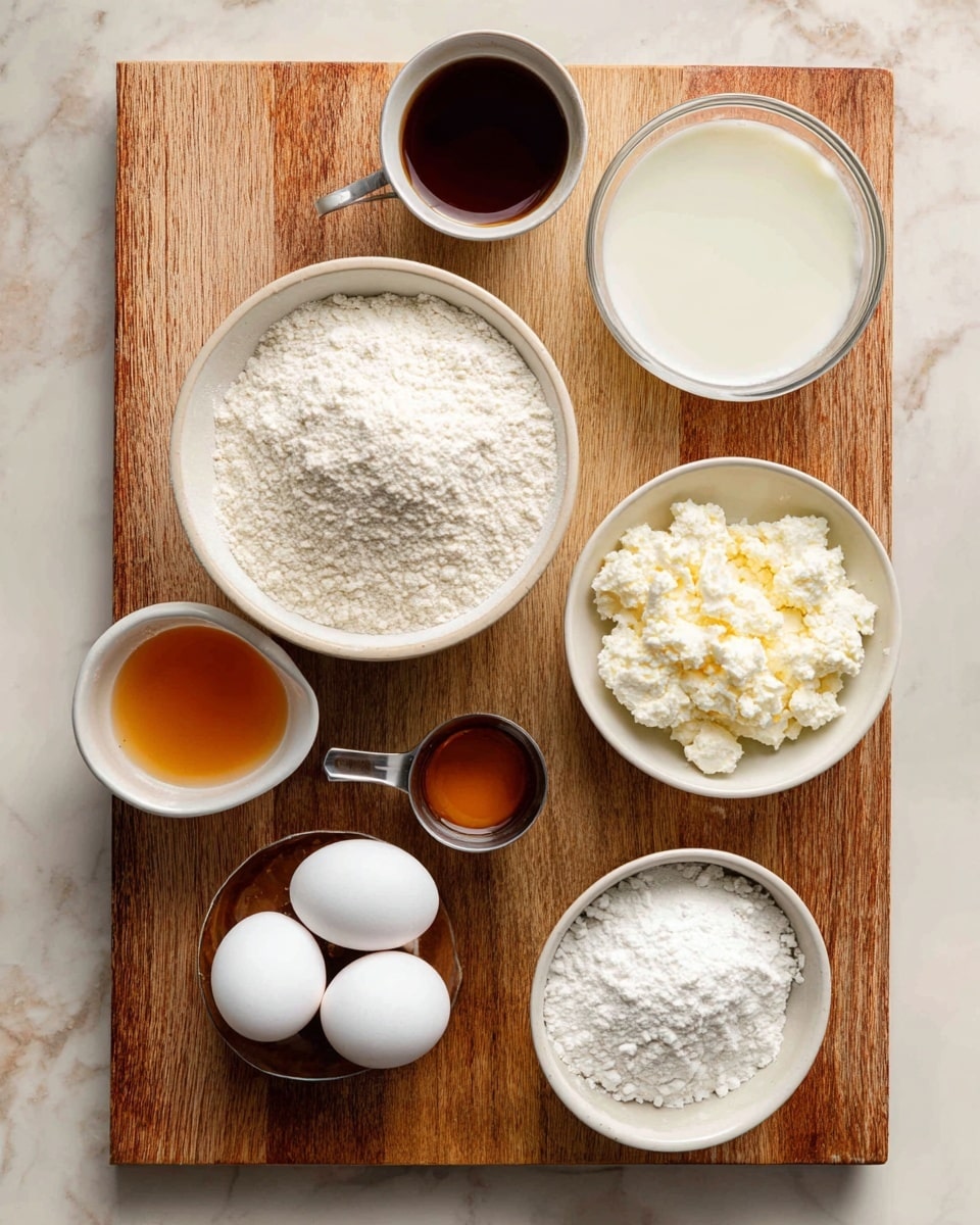 The image shows seven white dishes arranged on a wooden surface. At the center is a white bowl filled with white flour. To the top right of it is a small white bowl of clear coconut oil or milk, while to the top left sits a small cup of dark vanilla liquid. Right below the vanilla, there is a metal measuring cup filled with white cottage cheese. Below the flour bowl, slightly to the right, is a small white bowl of white baking powder. To the bottom left of the flour bowl, there is a small white bowl holding two white eggs. At the bottom center, a metal measuring cup containing amber-colored maple syrup completes the setup. The background is white marbled texture, and there is no woman's hand in the scene. Photo taken with an iphone --ar 4:5 --v 7