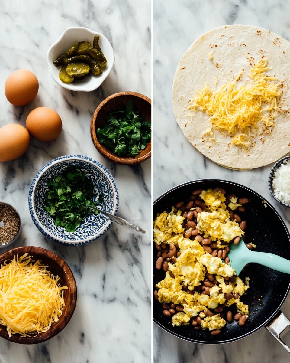 The image shows two parts: on the left, various ingredients are spread on a white marbled surface. There are two brown eggs, a white small bowl with pieces of green pickles, a wooden bowl with chopped green onions, a small patterned bowl with fresh dark green herbs, a small silver cup with brown beans, shredded yellow cheese in a measuring cup, and a round flour tortilla underneath the patterned bowl. On the right side, scrambled yellow eggs mixed with brown beans are cooking in a black frying pan with a light blue spatula resting inside. The pan sits on the same white marbled surface. Photo taken with an iphone --ar 4:5 --v 7