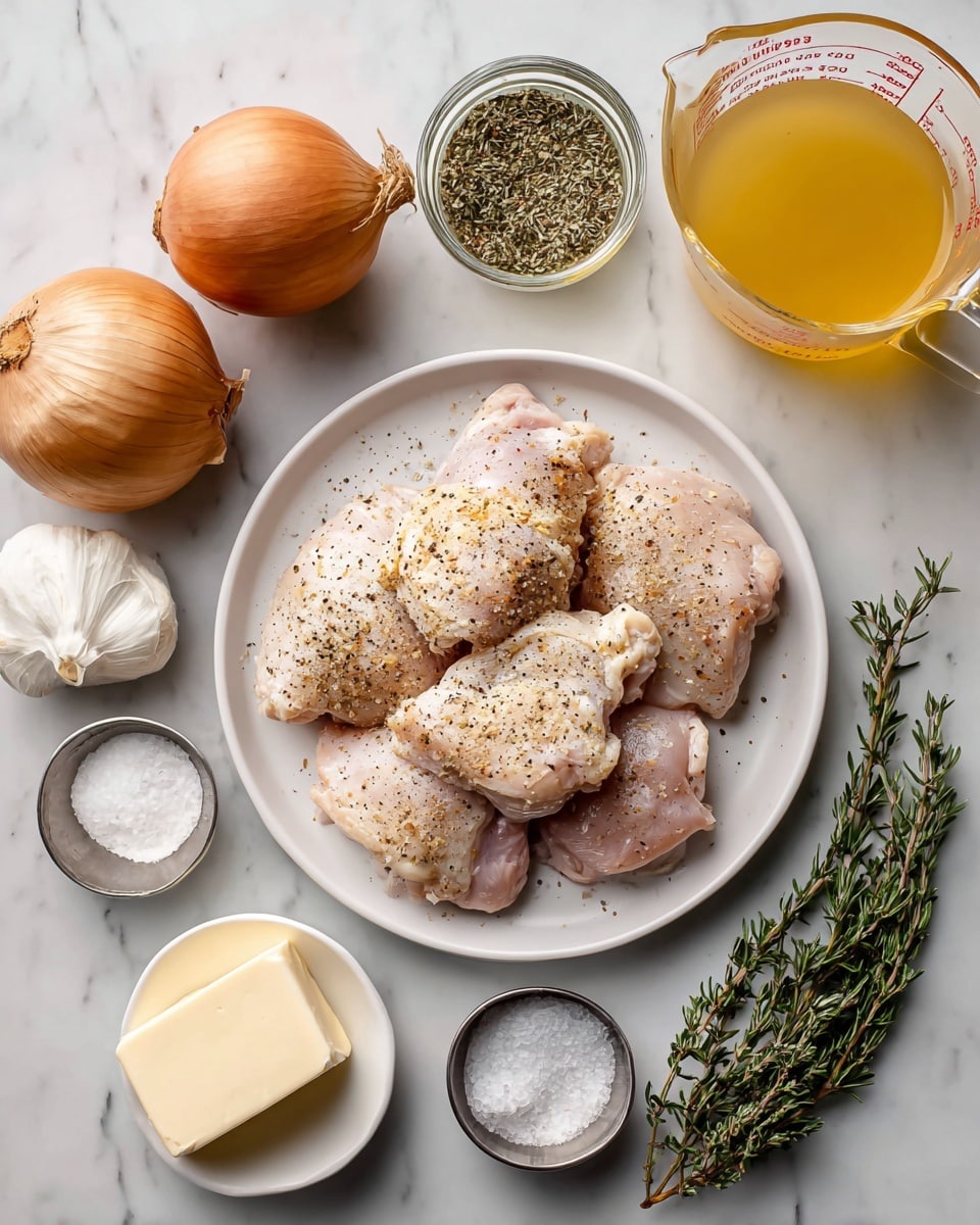 The image shows a white plate filled with six pieces of raw chicken, lightly seasoned with specks of black pepper and seasoned salt, arranged in a neat pile. Around the plate on a white marbled surface are various ingredients: a whole brown onion to the left, a square block of butter in a small white bowl below, a clear salt shaker nearby, a small container of seasoned salt, and a small metal container of dried thyme next to a glass measuring cup filled with amber apple juice on the bottom right. Above the plate is a clear measuring cup with pale yellow broth, a metal container of dried rosemary, a whole garlic bulb, and a square glass bottle of yellowish oil. Each ingredient is labeled with clear black text. photo taken with an iphone --ar 4:5 --v 7