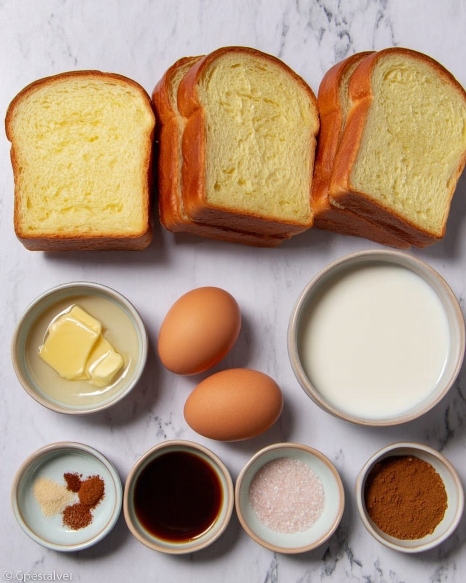 The image shows three slices of light yellow bread placed at the top on a white marbled surface. Below the bread, there are three brown eggs arranged in a row. Under the eggs, there are five small white bowls in a row, each holding a different ingredient: the first bowl contains light brown sugar, the second has melted butter that is pale yellow, the third holds fine pink salt, the fourth features dark brown vanilla extract, and the fifth contains brown cinnamon powder. To the right of the bread and eggs, there is a white bowl filled with milk. The overall setup is neat and organized, showing all ingredients clearly. Photo taken with an iphone --ar 4:5 --v 7