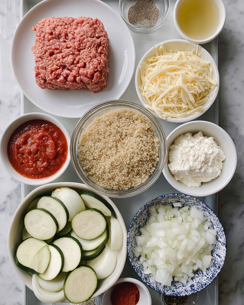 The image shows a tray with several small white bowls and plates holding different ingredients arranged neatly on a white marbled surface. In the top left, there is a white plate with a square piece of raw ground meat, pinkish red with some texture lines. Next to it on the right is a small white bowl filled with a pale yellow liquid. Below that is a larger white bowl filled with shredded pale yellow cheese. In the center, a clear glass bowl contains cooked light brown quinoa. Below and to the right of the quinoa are two small white bowls, one with white ricotta cheese and the other with grated white Parmesan cheese. Near the bottom middle is a patterned blue and white bowl filled with chopped white onions. At the bottom left corner, part of a white bowl shows sliced zucchini rounds with green edges and pale centers. There are also small white bowls with red tomato sauce, mixed seasoning, and black pepper scattered around. The scene shows everything neatly arranged for cooking photo taken with an iphone --ar 4:5 --v 7