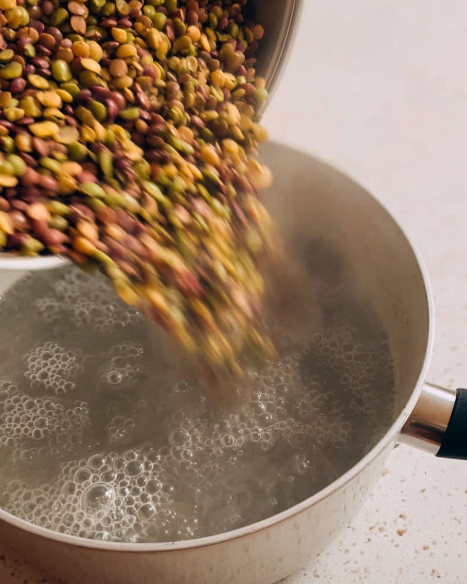 A close-up image shows a white saucepan filled with boiling water creating bubbles and steam. Above the saucepan, there is a colorful mixture of lentils and beans, including green, brown, and red colors, pouring down into the water. The scene is set on a white marbled textured surface. Photo taken with an iphone --ar 4:5 --v 7