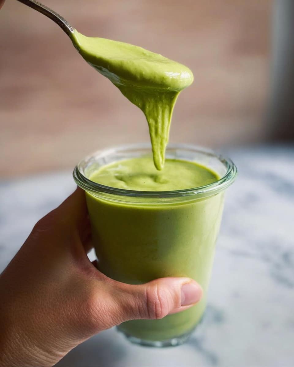 A close-up view of a clear glass container filled with thick green sauce or smoothie that has a smooth texture. A woman's hand is holding the container at the bottom, while a spoon is lifting some of the green mixture out, showing its thick and creamy consistency. The background is softly blurred with neutral colors, and the surface below is a white marbled texture. photo taken with an iphone --ar 4:5 --v 7