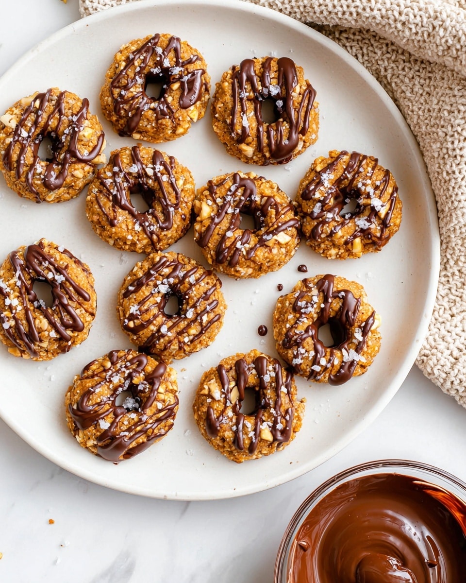 A white round plate on a white marbled surface holds twelve small, round cookies with a hole in the center. Each cookie has a golden brown texture mixed with small chunks of nuts and is drizzled with dark brown chocolate in thin, uneven lines across the top. Some cookies have flakes of sea salt sprinkled over the chocolate. In the lower right corner, a transparent bowl contains melted chocolate with a smooth and shiny surface. Part of a beige knitted cloth is visible in the upper right corner. Photo taken with an iphone --ar 4:5 --v 7