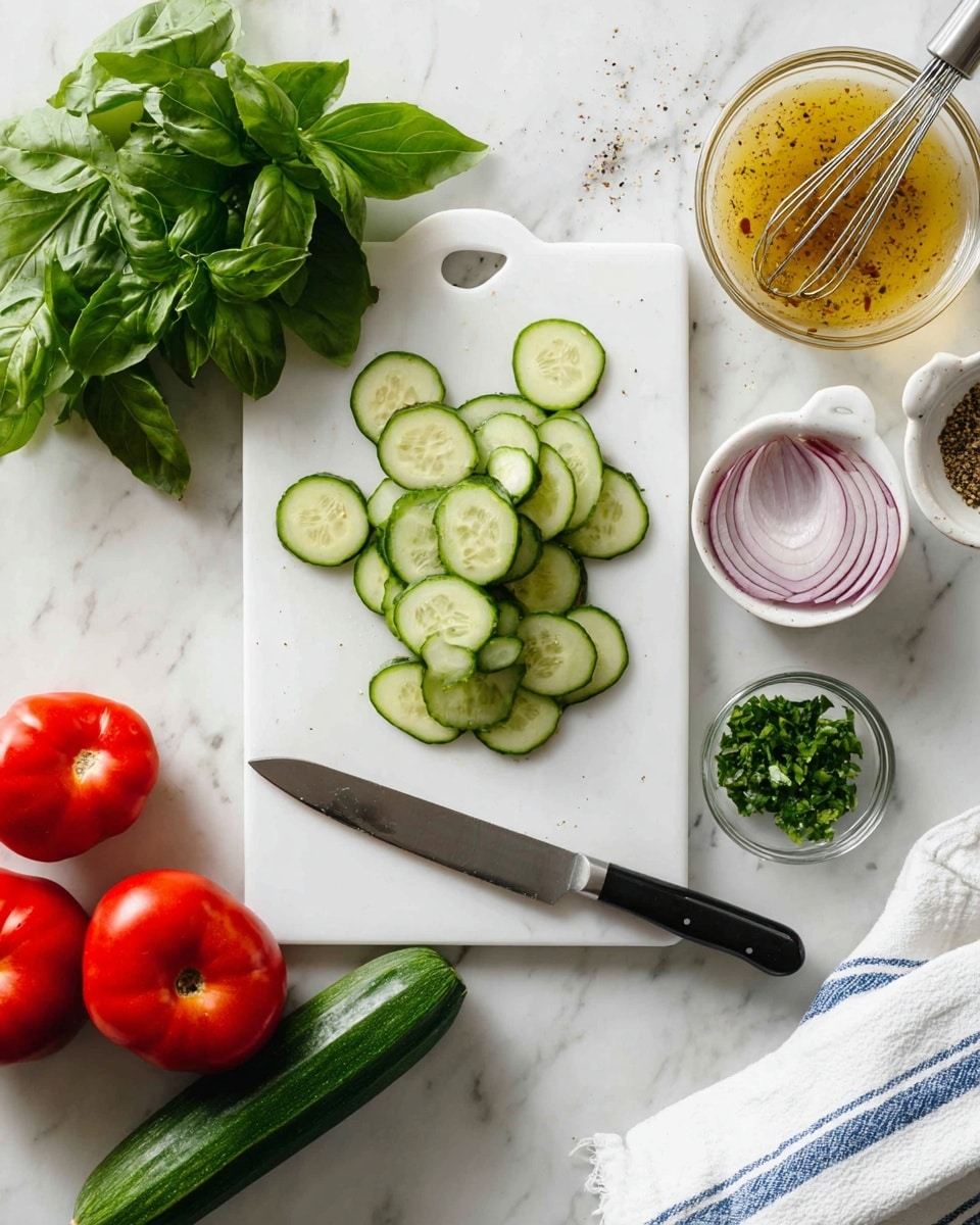 The image shows a white cutting board on a white marbled surface with fresh ingredients and utensils arranged neatly. In the center are several thin, round slices of cucumber laid out in a cluster next to a small white bowl filled with more cucumber slices. Below the cutting board are three red tomatoes and a bunch of fresh green basil leaves on the left, with a half cucumber positioned vertically near the middle. On the right side of the cutting board is a knife with a black handle placed diagonally, a small glass bowl of chopped green herbs, a whole red onion, and a glass bowl filled with a yellowish mixture with black pepper, being stirred with a whisk. A white cloth with blue stripes is partly visible at the bottom right. photo taken with an iphone --ar 4:5 --v 7