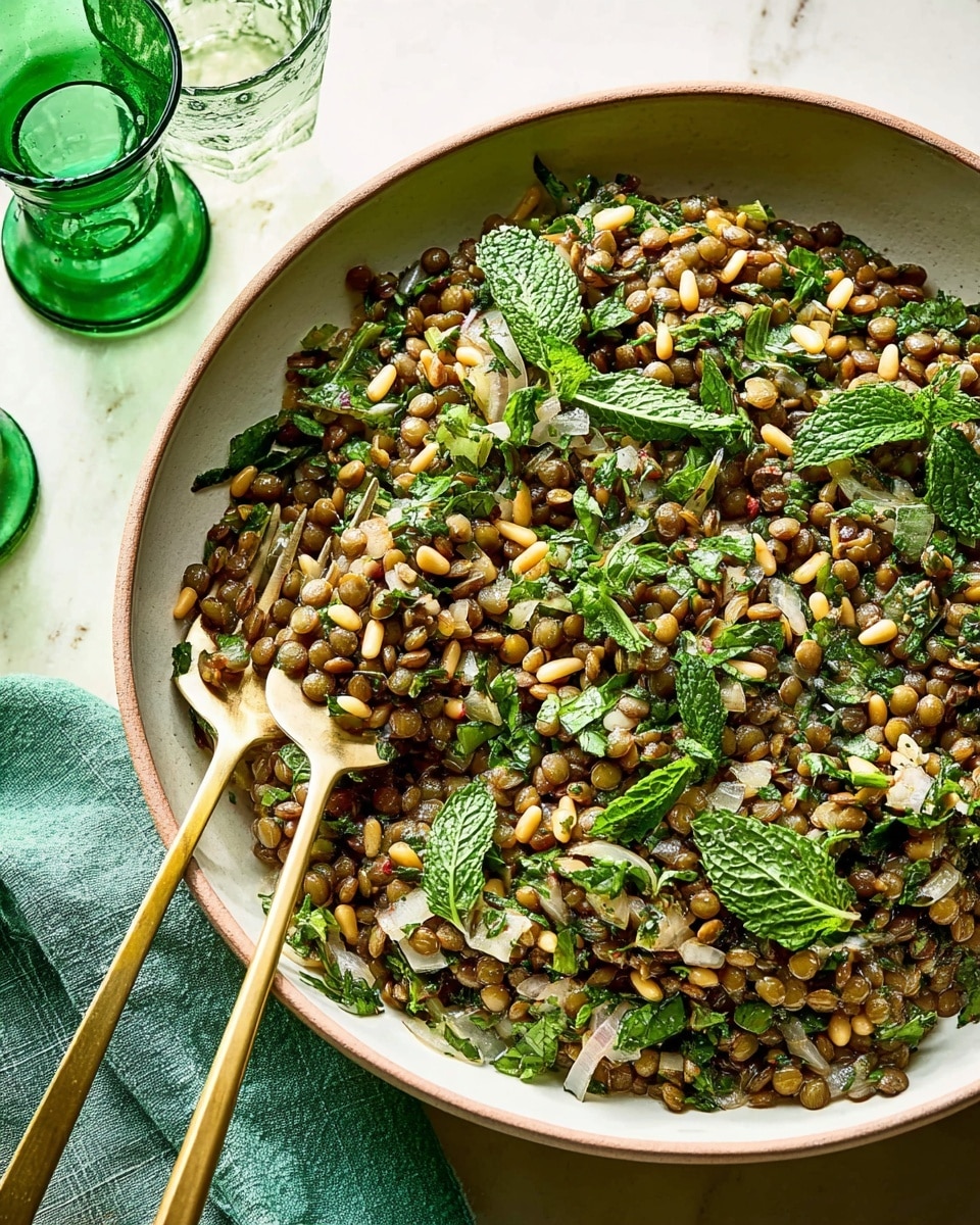 A large white bowl filled with cooked green lentils mixed with pine nuts, fresh green herbs like parsley and mint, and small pieces of cooked onions, creating a mix of green, light brown, and pale yellow colors. Two gold-colored forks rest inside the bowl, with one fork holding a small scoop of the lentil salad. The bowl sits on a white marbled surface, with two green transparent glasses and a green cloth nearby. The overall look is fresh and healthy with a mix of earthy textures and vibrant green leaves. photo taken with an iphone --ar 4:5 --v 7