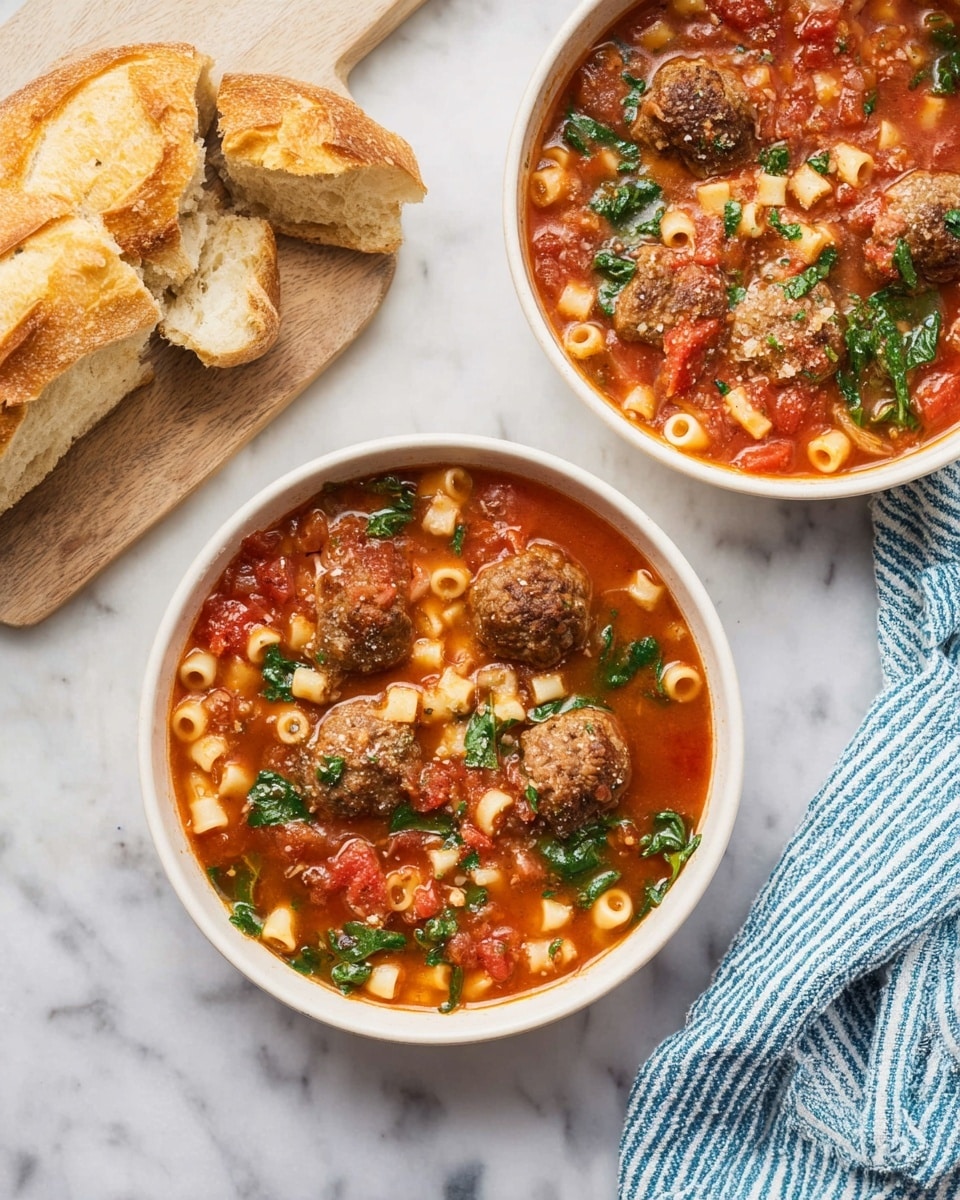 The image shows two white bowls filled with meatball soup resting on a white marbled surface. Each bowl contains several round brown meatballs sitting in a thick red tomato broth with small beige pasta tubes scattered throughout. Green leafy herbs add bright spots of color throughout the soup. Next to the top bowl, there is a piece of crusty golden bread on a light wooden board and a blue and white striped cloth is partially visible. The texture of the soup looks rich and chunky, with visible pieces of cooked tomato and herbs. photo taken with an iphone --ar 4:5 --v 7