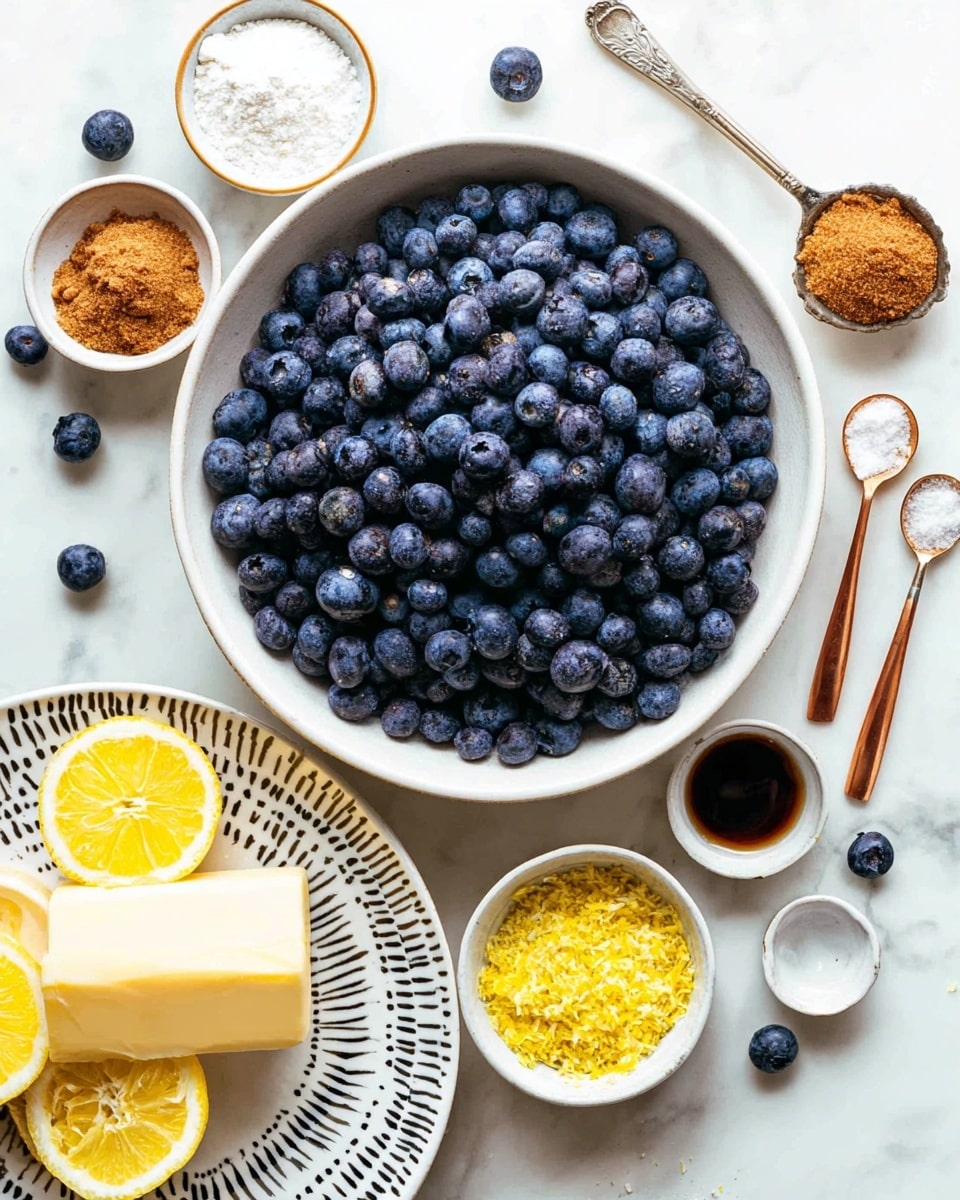 A large white bowl filled with many fresh, dark blue blueberries sits in the center of the image. Around it are small white bowls each holding different ingredients: finely grated bright yellow lemon zest, light brown brown sugar, and a finer powdery white flour. A pale yellow butter slice rests on a white plate with a black zigzag pattern beside lemon halves showing their juicy yellow interior. Two small spoons with silver and copper handles hold white powder and dark liquid, placed above the blueberry bowl. The entire scene is set on a white marbled surface with a few loose blueberries scattered around. photo taken with an iphone --ar 4:5 --v 7