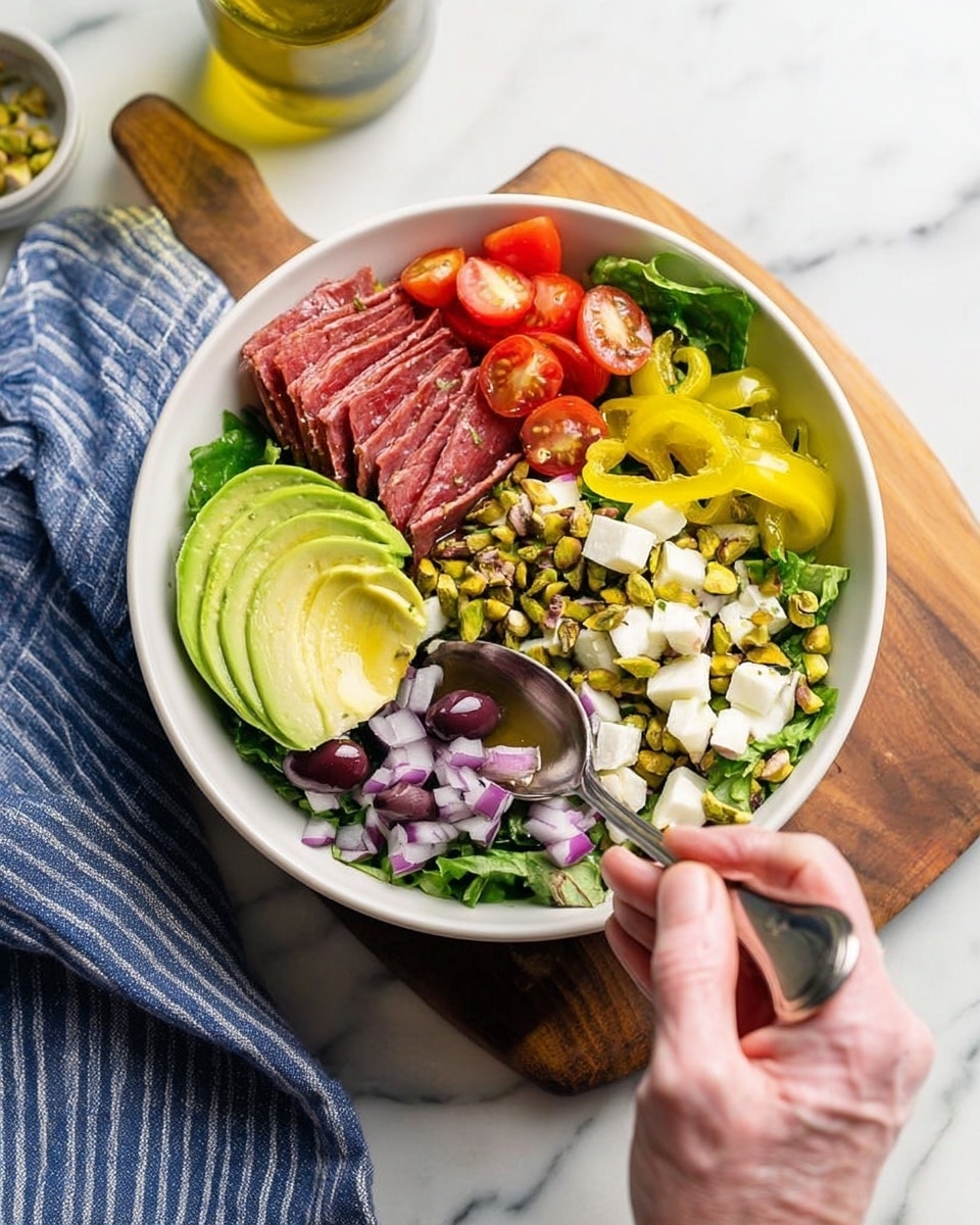 A white bowl filled with fresh green lettuce as the base layer, topped with neatly arranged slices of avocado on the right side, diced white cheese and thin purple onion strips at the bottom, several dark purple olives near the center, and sliced cherry tomatoes placed on the upper left. There are thin strips of red meat stacked on the left side, bright yellow-green pepper rings on the top right, and chopped pistachios sprinkled over the center. A woman's hand is holding a spoon pouring a light dressing onto the salad. The bowl is set on a wooden board over a white marbled surface, with a blue striped cloth nearby and a glass bottle of oil in the upper left background. Photo taken with an iphone --ar 4:5 --v 7