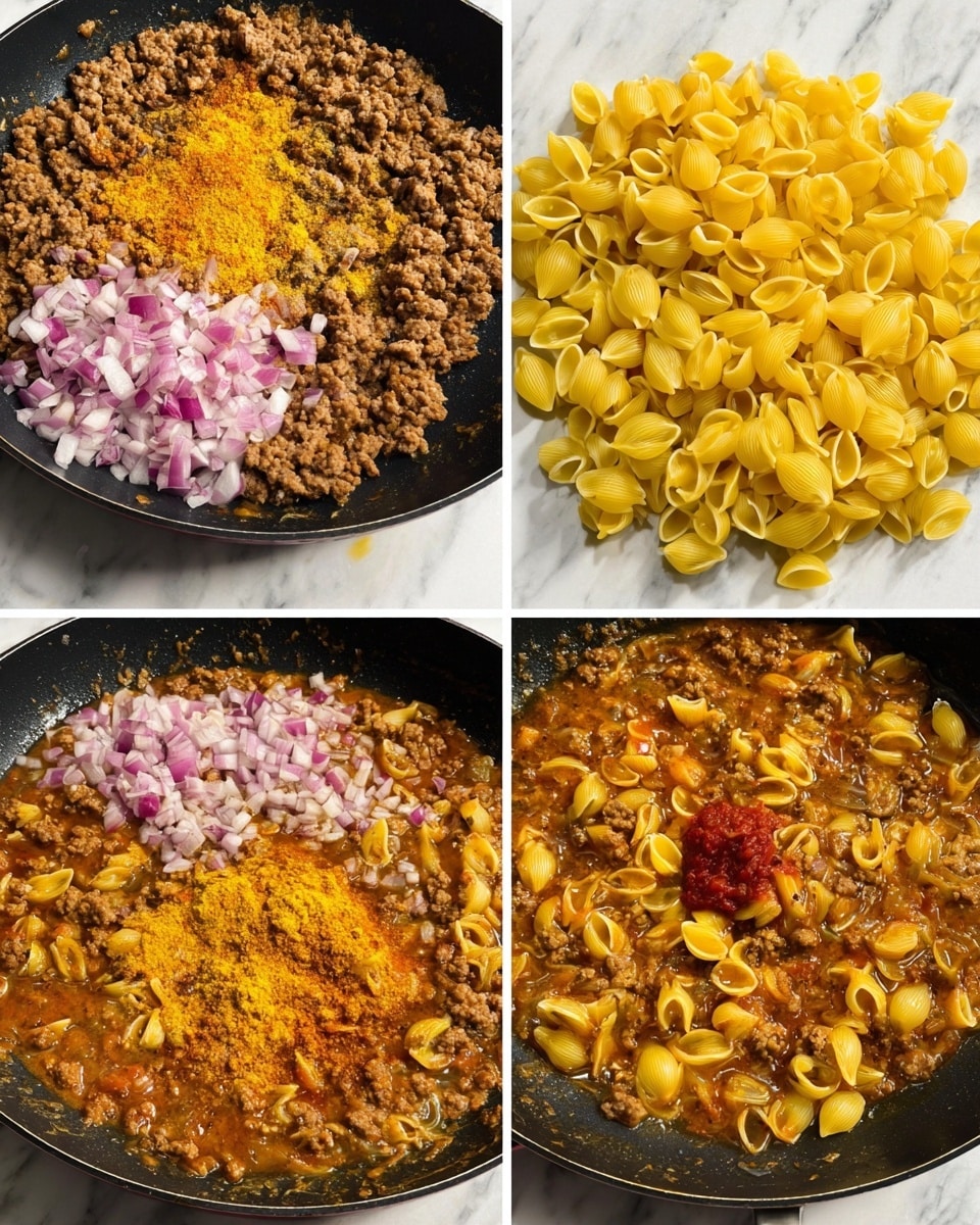 The image shows a cooking process in a black pan on a white marbled surface with four stages. In the first stage, browned ground meat forms a base layer with an uneven mound of yellow and red spices sprinkled on top, creating a mix of warm brown and deep orange colors. The second stage adds roughly chopped purple and white onion pieces scattered over the meat, adding a sharp contrast. In the third stage, bright yellow uncooked pasta shells form a thick pile on one side of the browned meat and onions, with a small dollop of red tomato paste nearby. The fourth stage shows the pasta fully mixed with the meat sauce, where the shells soak in a rich, simmering reddish-brown liquid, with visible small onion pieces and ground meat bits, creating a bubbling, hearty texture. Photo taken with an iphone --ar 4:5 --v 7